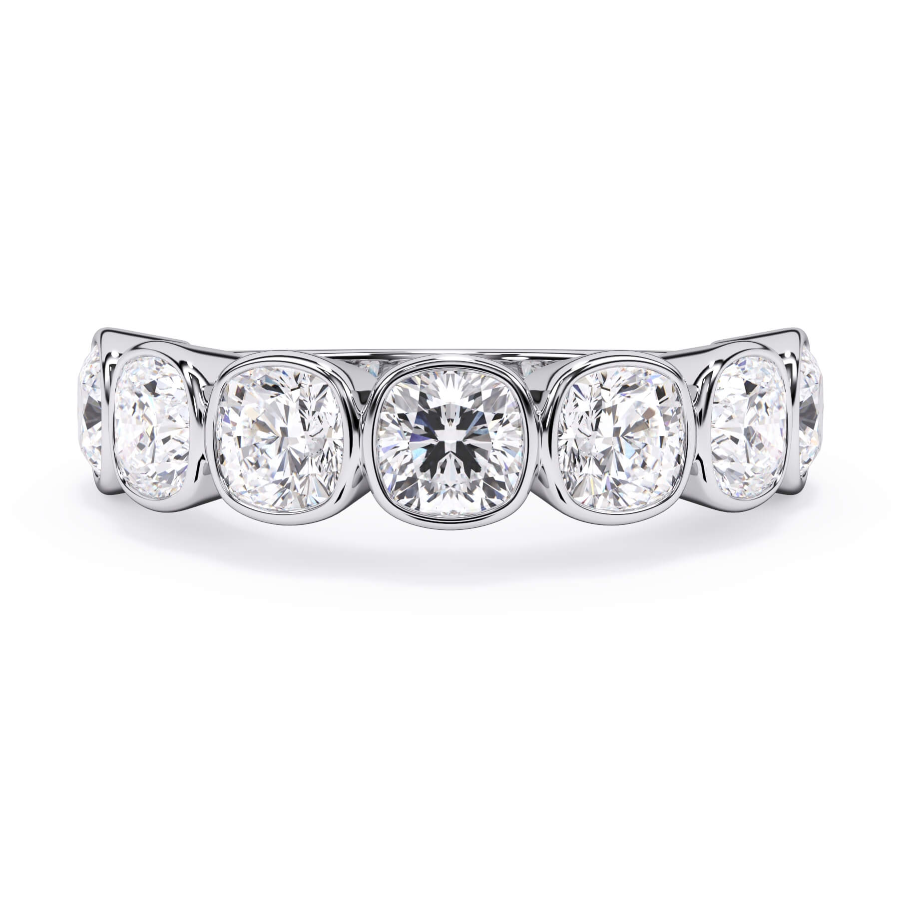 A picture of a seven stone diamond wedding ring with cushion cut diamonds that are bezel set in white gold or platinum on a white background with the ring facing forward, lying down.