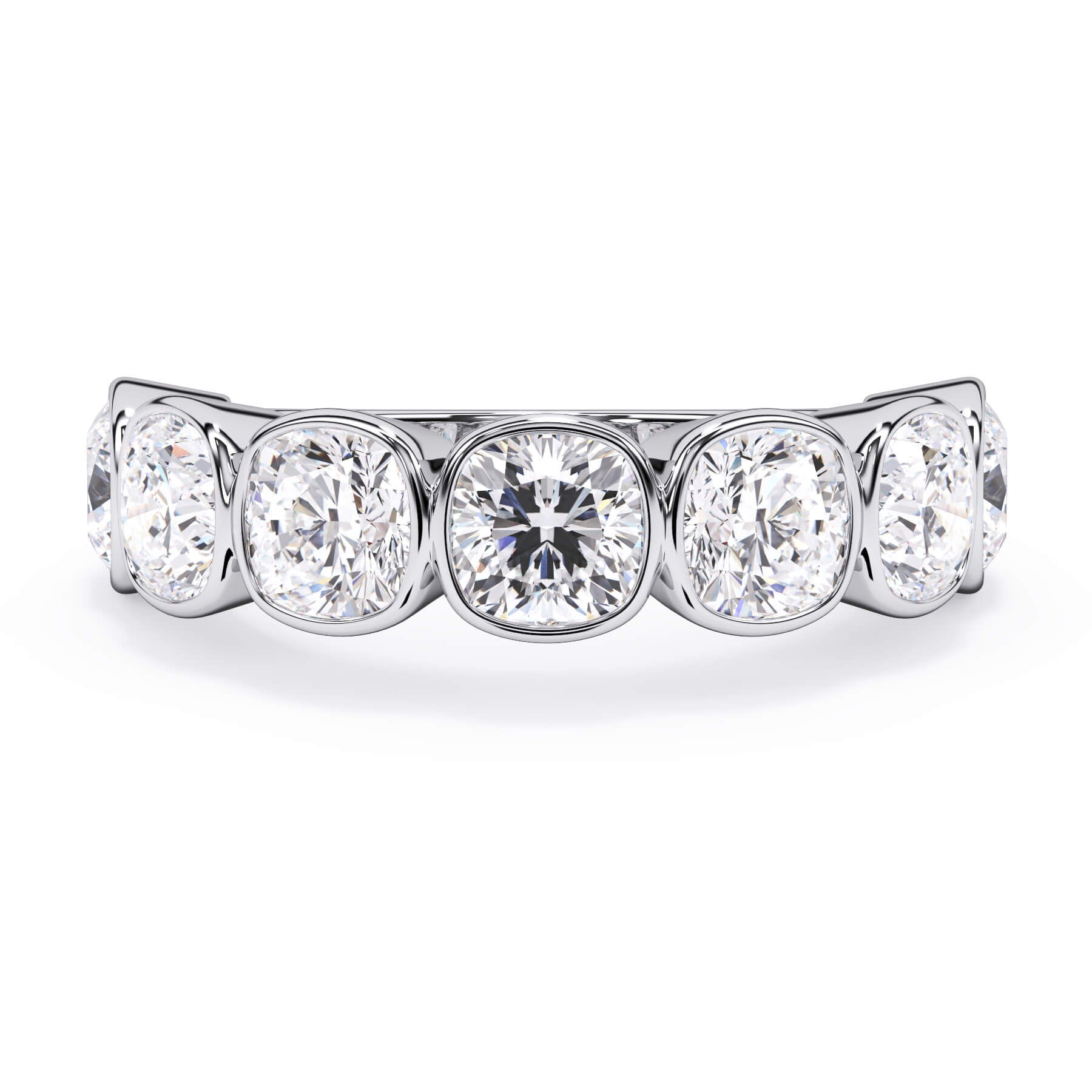 A picture of a seven stone diamond wedding ring with cushion cut diamonds that are bezel set in white gold or platinum on a white background with the ring facing forward, lying down.