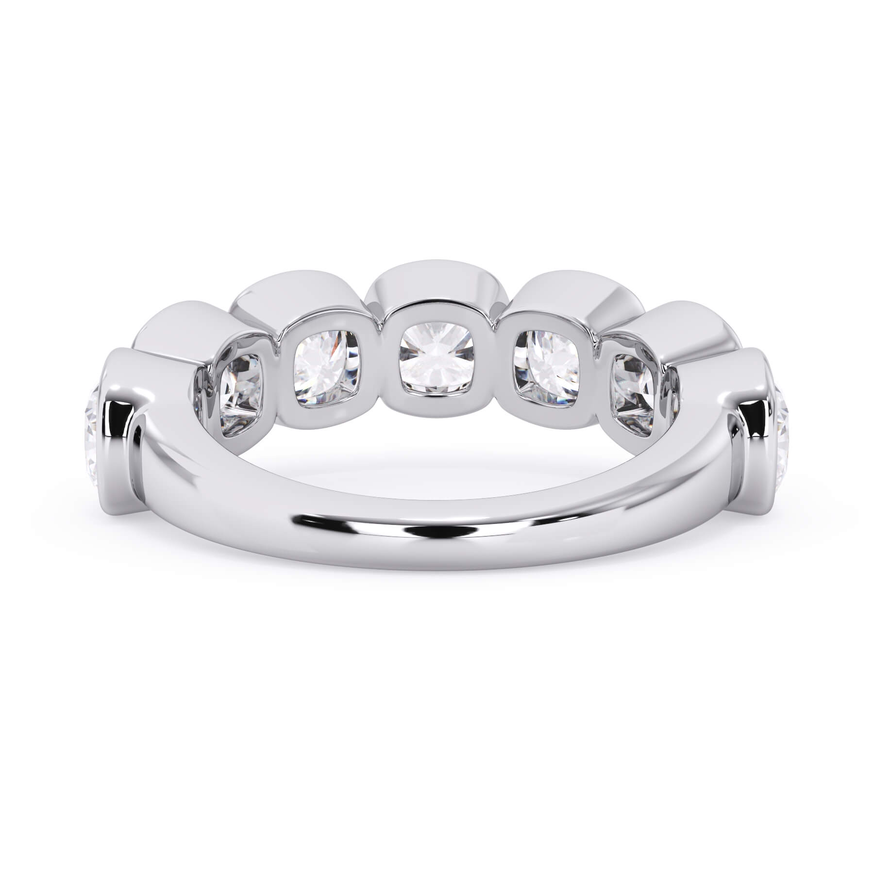 A picture of a seven stone diamond wedding ring with cushion cut diamonds that are bezel set in white gold or platinum on a white background with a view of the underside of the ring.