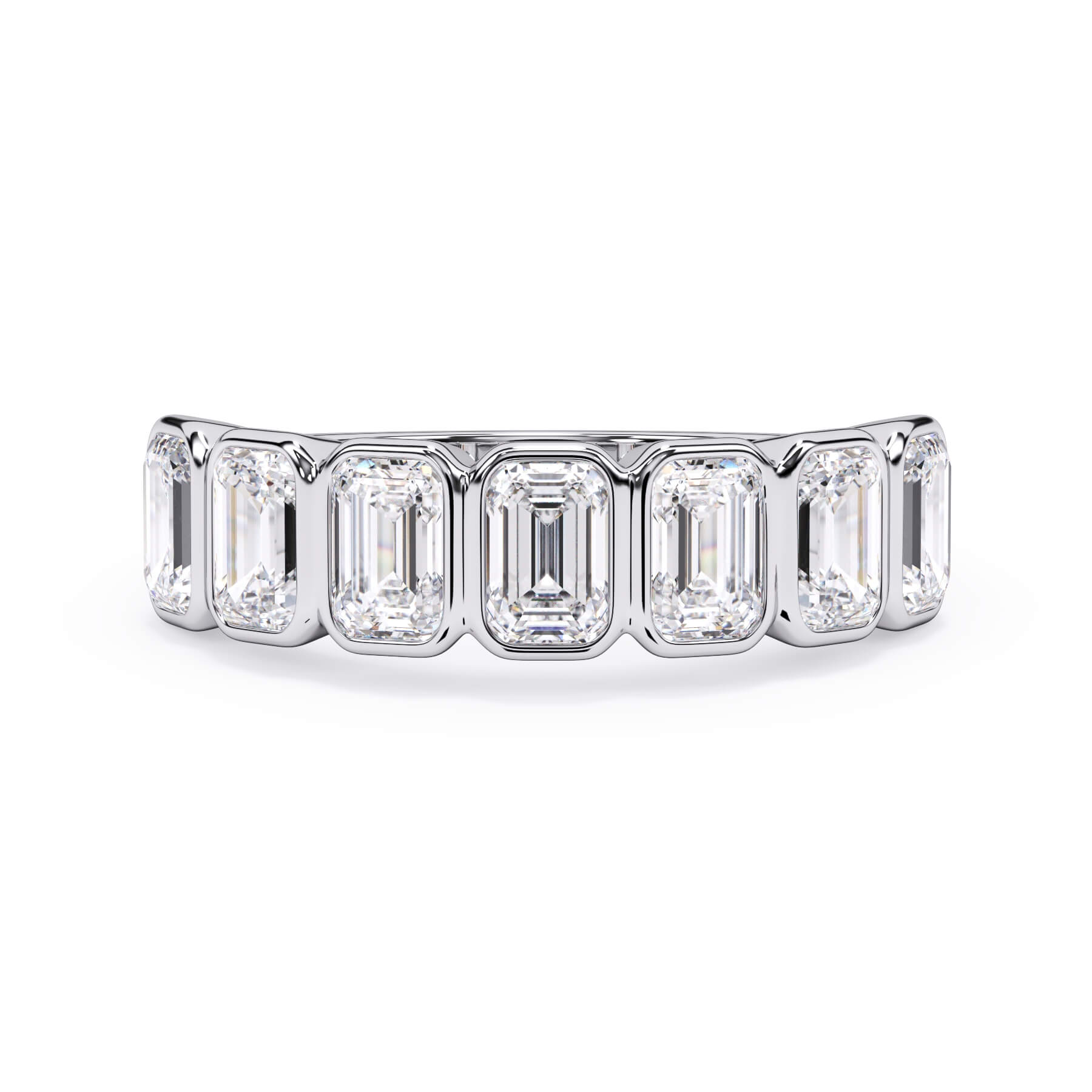 A picture of a seven stone diamond wedding ring with emerald cut diamonds that are bezel set in white gold or platinum on a white background with the ring facing forward, lying down.