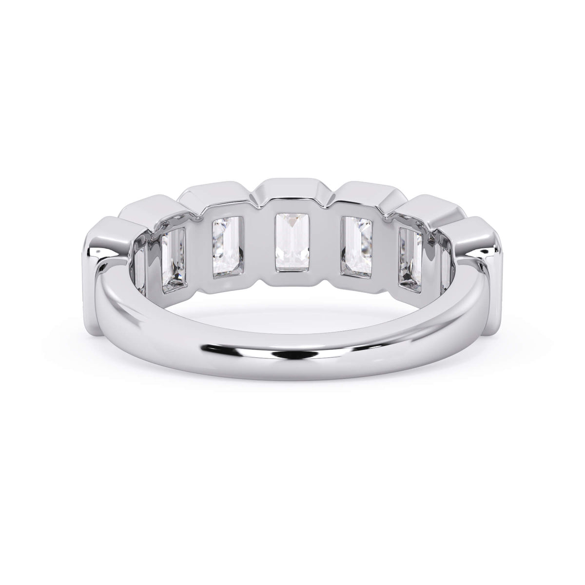 A picture of a seven stone diamond wedding ring with emerald cut diamonds that are bezel set in white gold or platinum on a white background with a view of the underside of the ring.