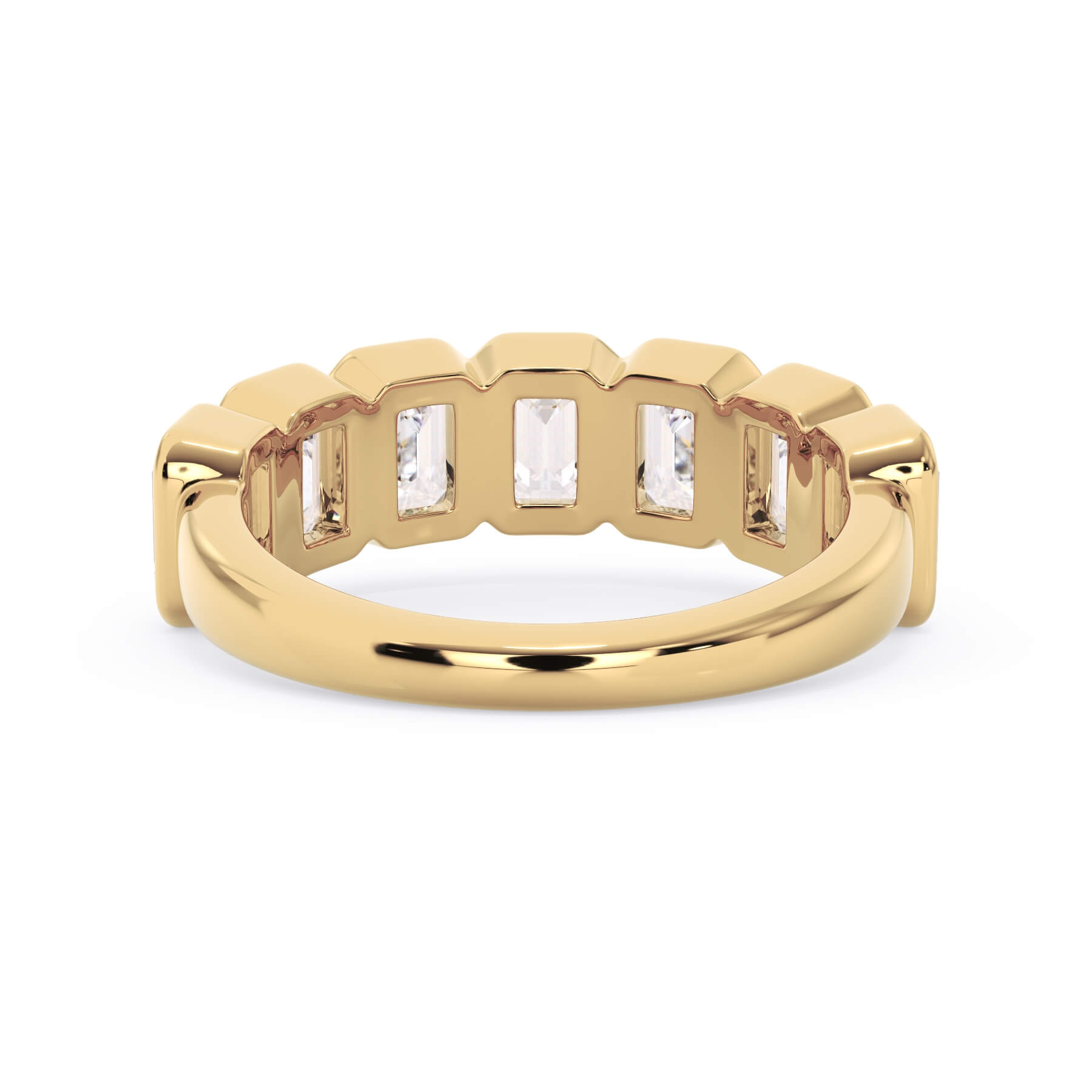 A picture of a seven stone diamond wedding ring with emerald cut diamonds that are bezel set in yellow gold on a white background with a view of the underside of the ring.