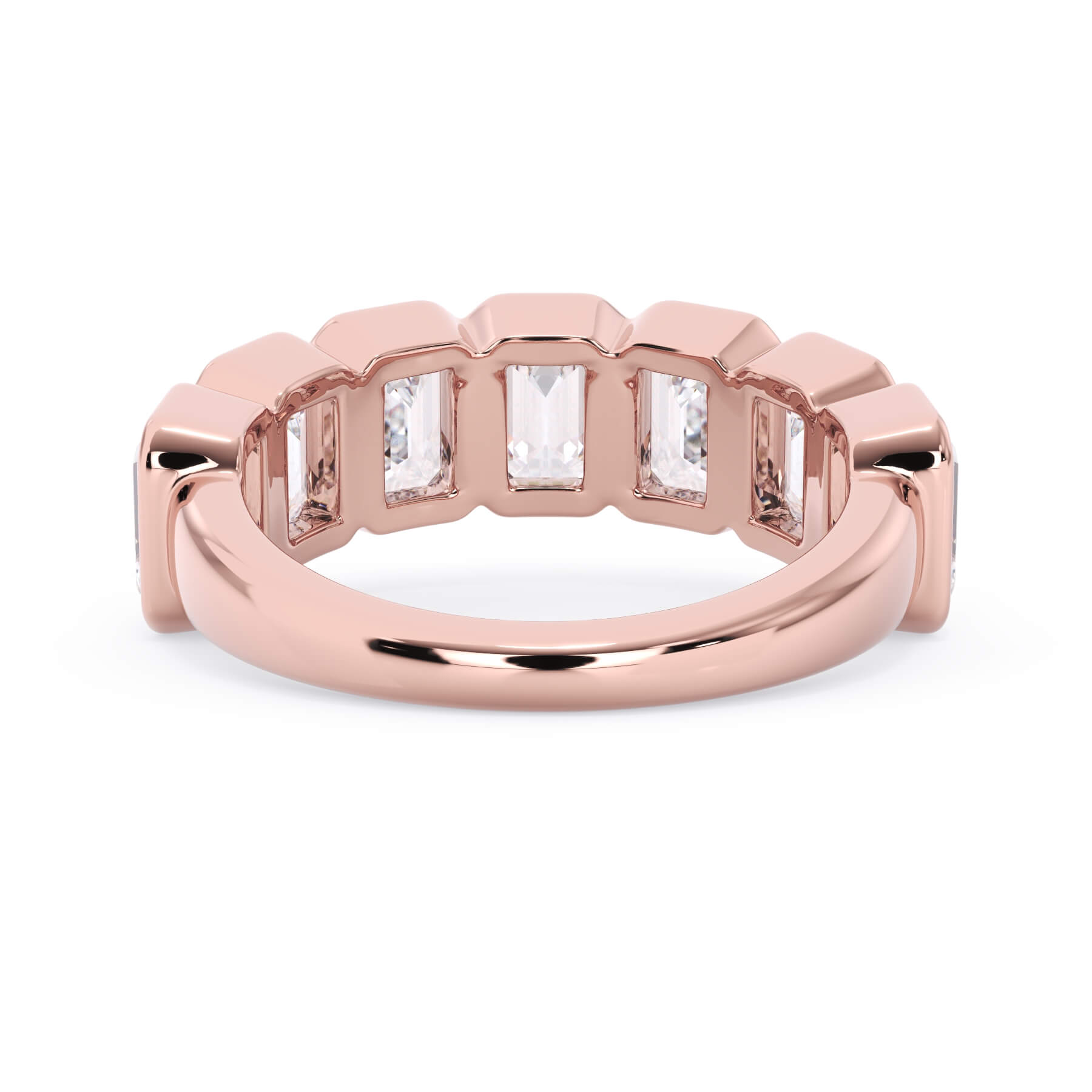 A picture of a seven stone diamond wedding ring with emerald cut diamonds that are bezel set in rose gold on a white background with a view of the underside of the ring.