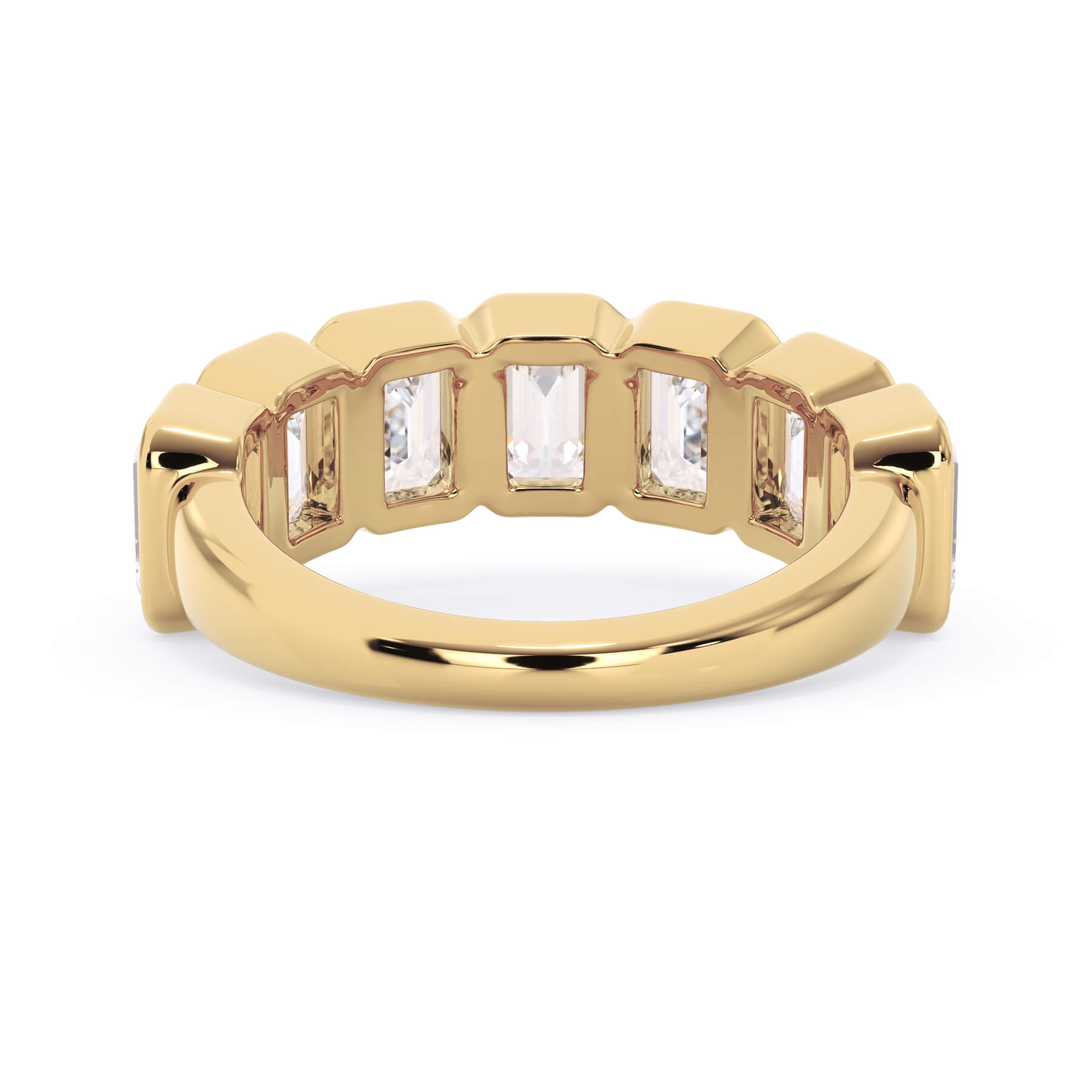 A picture of a seven stone diamond wedding ring with emerald cut diamonds that are bezel set in yellow gold on a white background with a view of the underside of the ring.