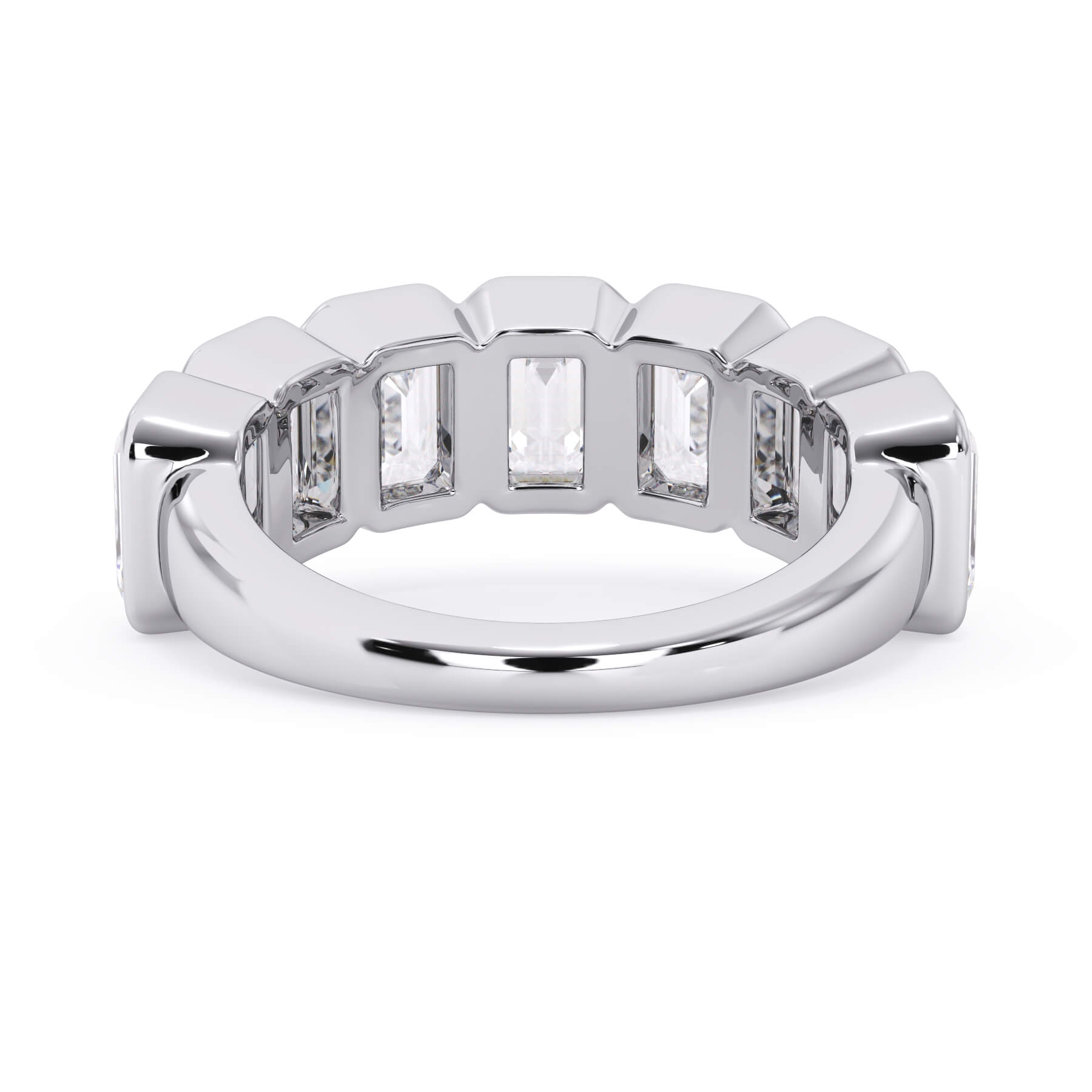 A picture of a seven stone diamond wedding ring with emerald cut diamonds that are bezel set in white gold or platinum on a white background with a view of the underside of the ring.