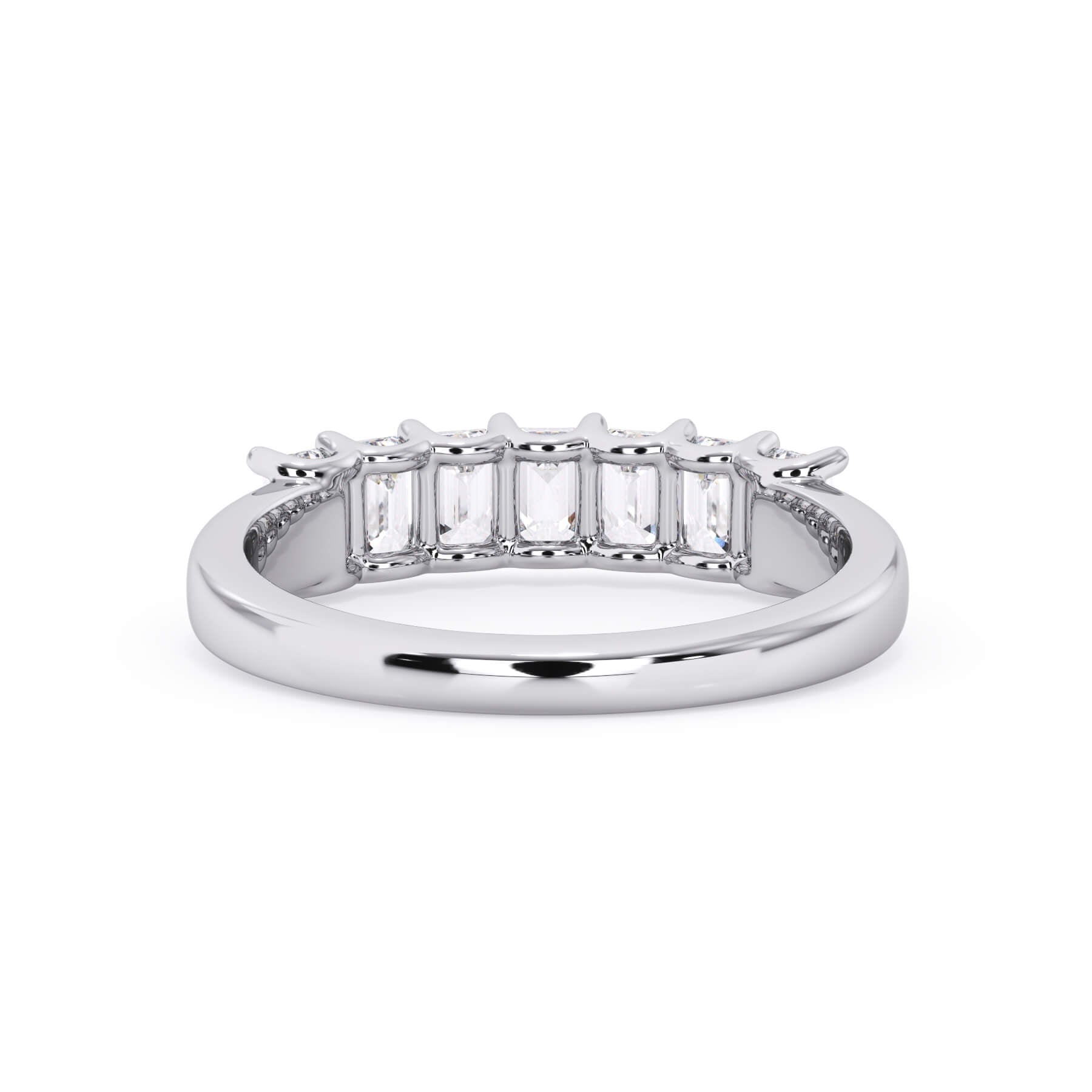 A picture of a seven stone diamond wedding ring with emerald cut diamonds that are U prong set in white gold or platinum on a white background with a view of the underside of the ring.