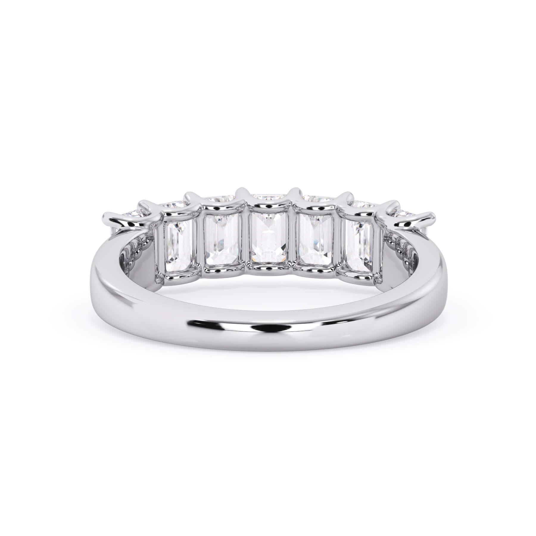 A picture of a seven stone diamond wedding ring with emerald cut diamonds that are U prong set in white gold or platinum on a white background with a view of the underside of the ring.