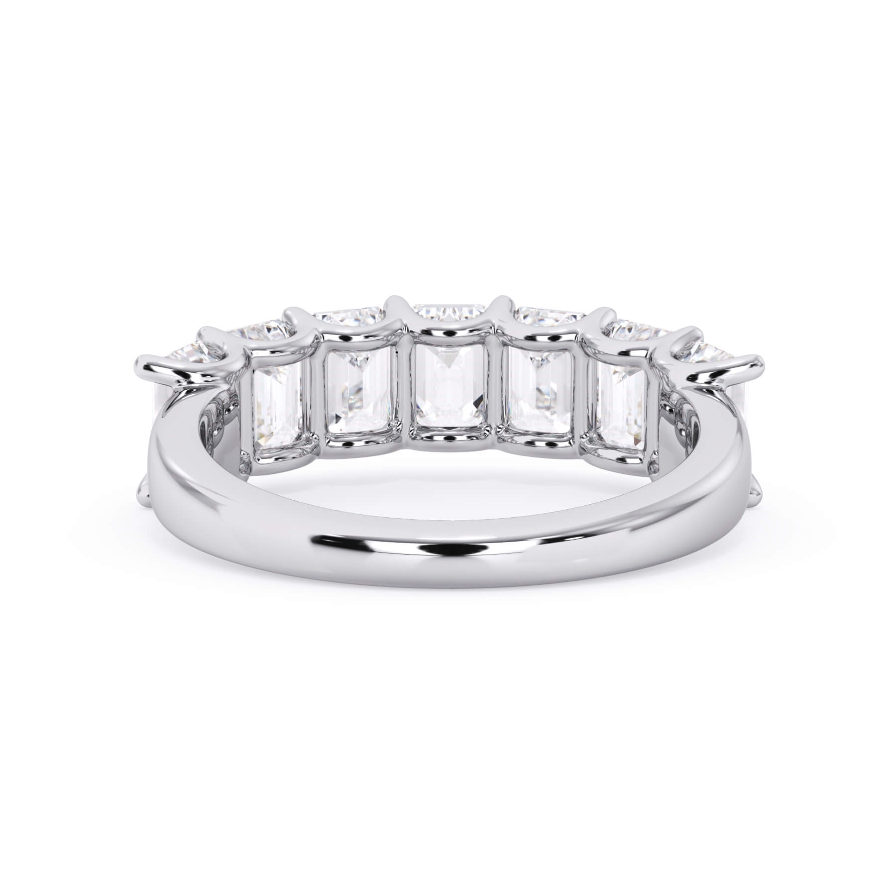 A picture of a seven stone diamond wedding ring with emerald cut diamonds that are U prong set in white gold or platinum on a white background with a view of the underside of the ring.