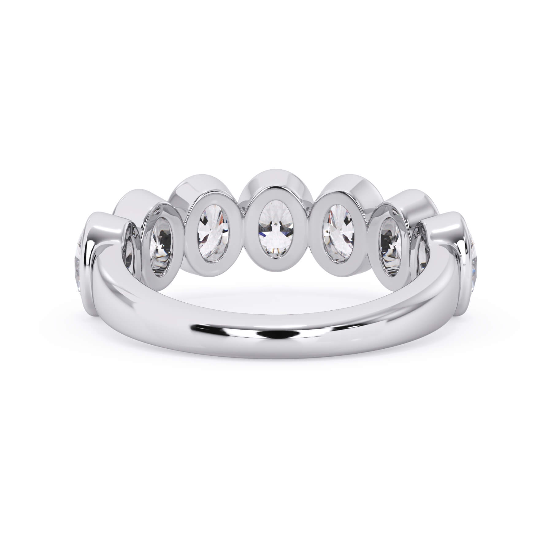 A picture of a seven stone diamond wedding ring with oval shaped diamonds that are bezel set in white gold or platinum on a white background with a view of the underside of the ring.