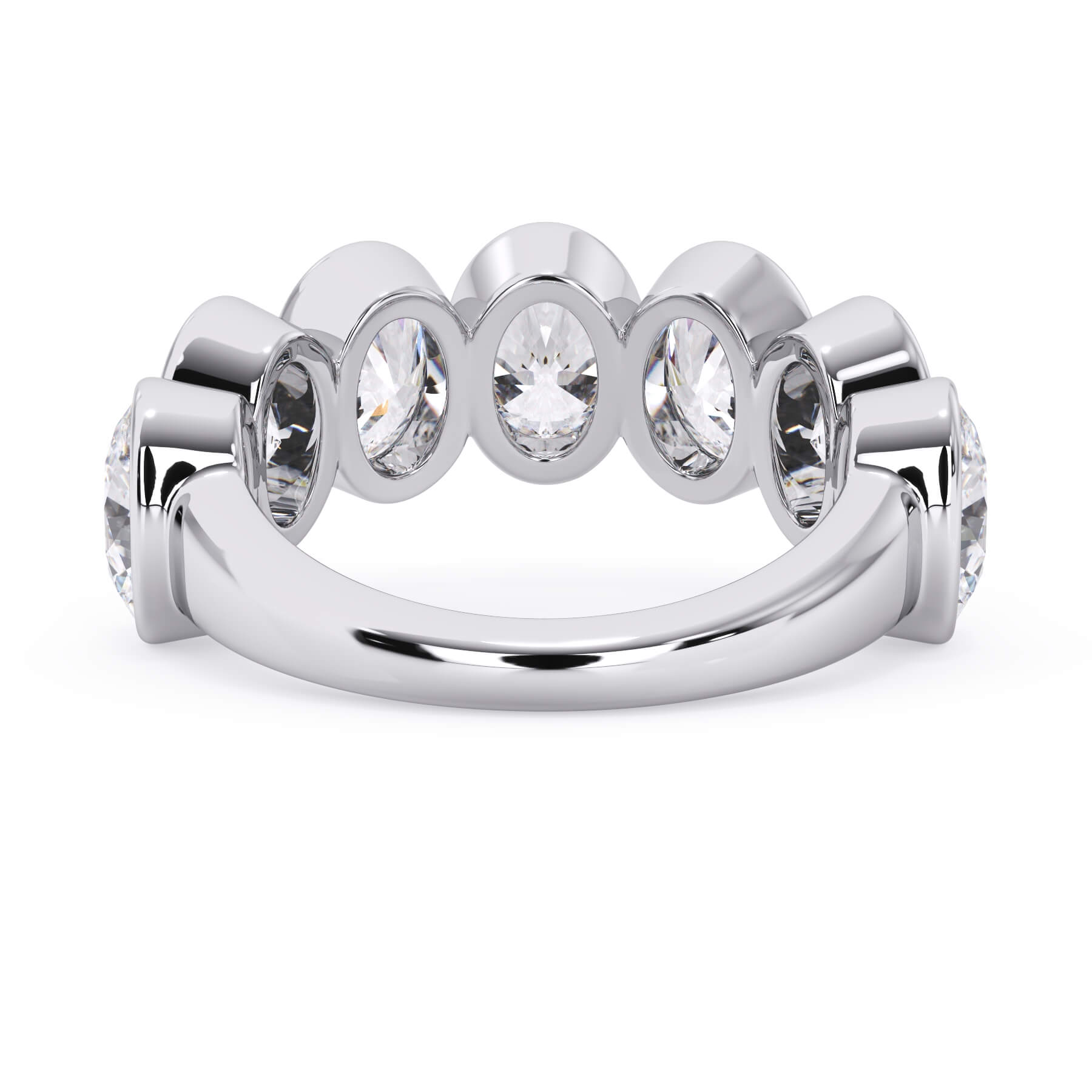 A picture of a seven stone diamond wedding ring with oval shaped diamonds that are bezel set in white gold or platinum on a white background with a view of the underside of the ring.