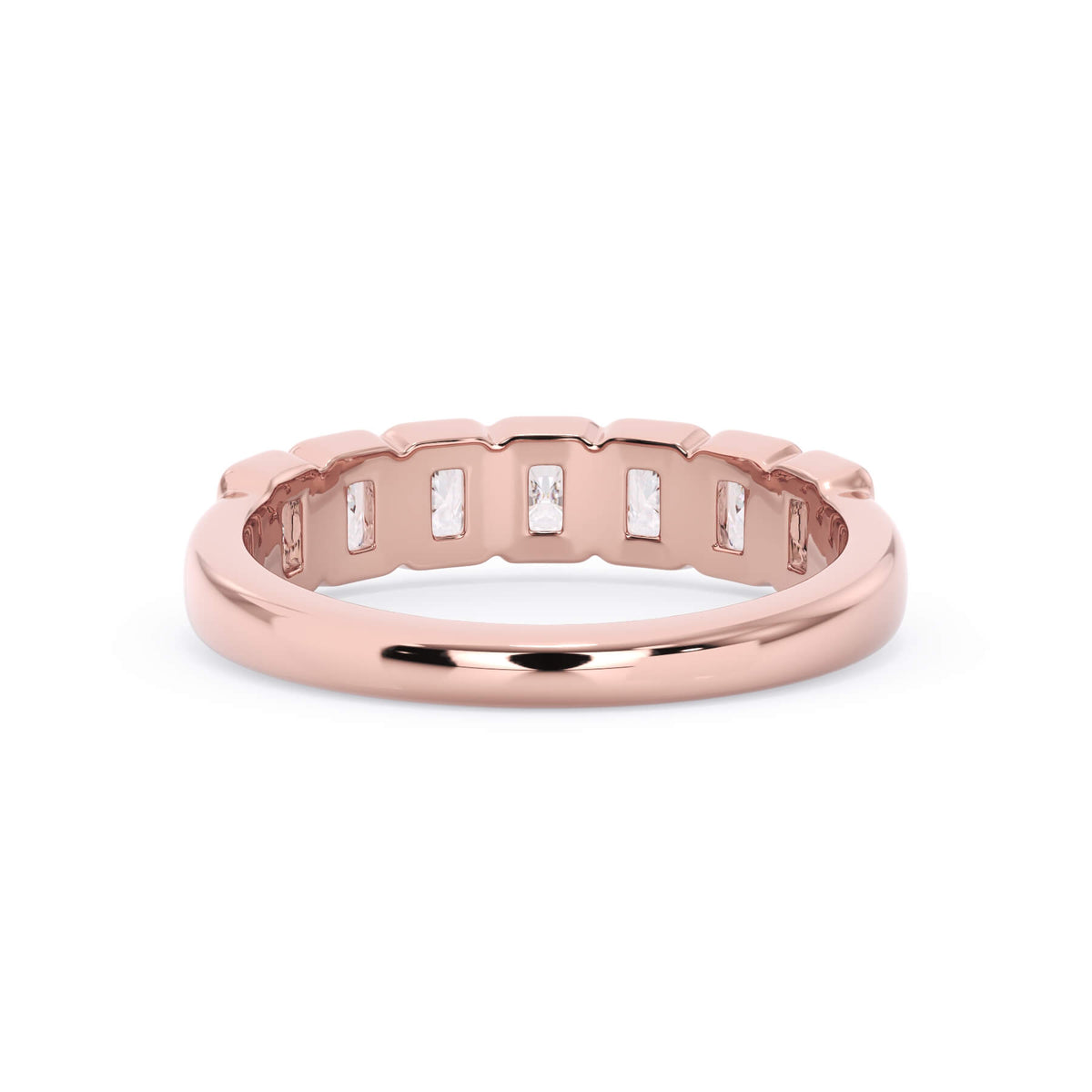 A picture of a seven stone diamond wedding ring with radiant cut diamonds that are bezel set in rose gold on a white background with the ring facing forward, lying down.