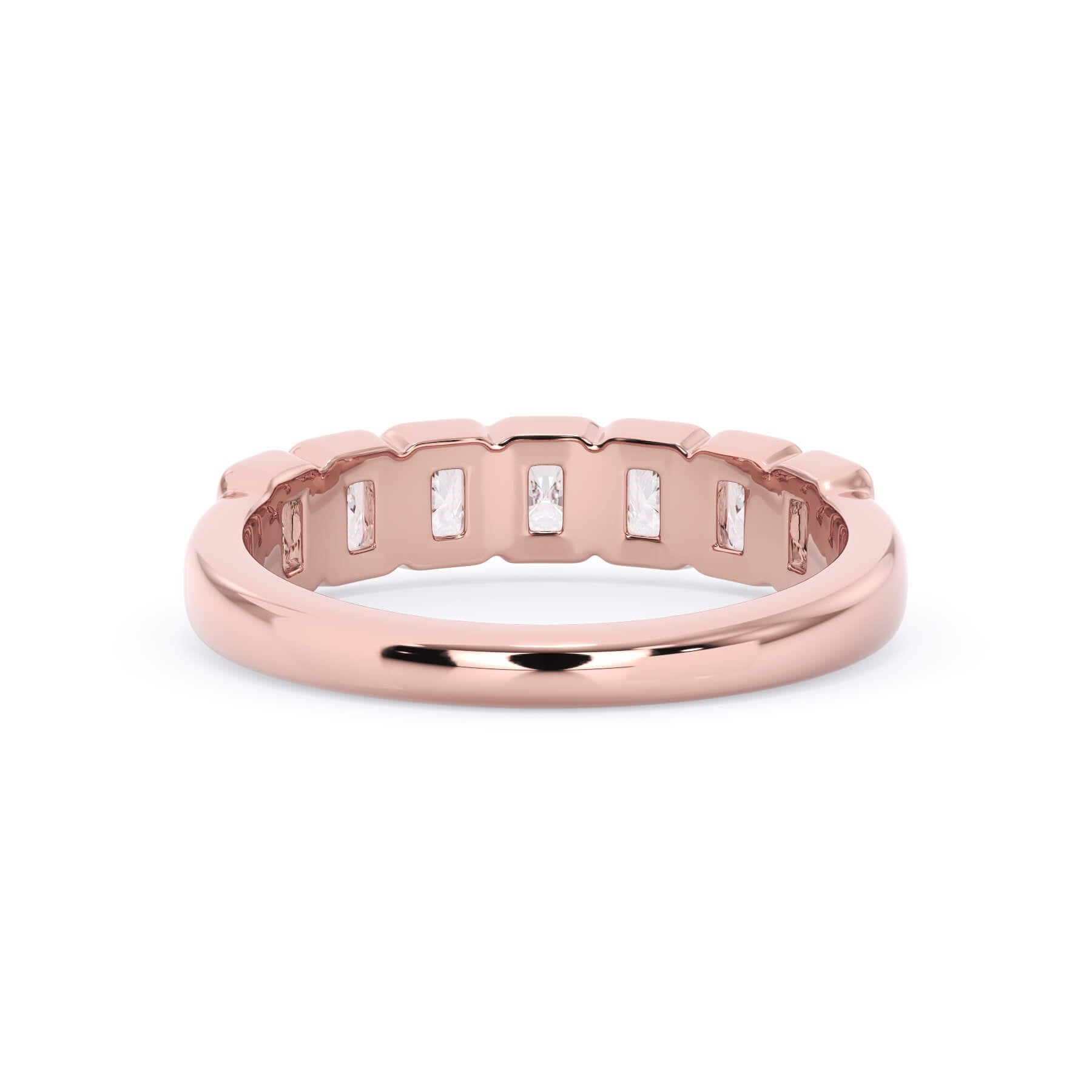 A picture of a seven stone diamond wedding ring with radiant cut diamonds that are bezel set in rose gold on a white background with the ring facing forward, lying down.
