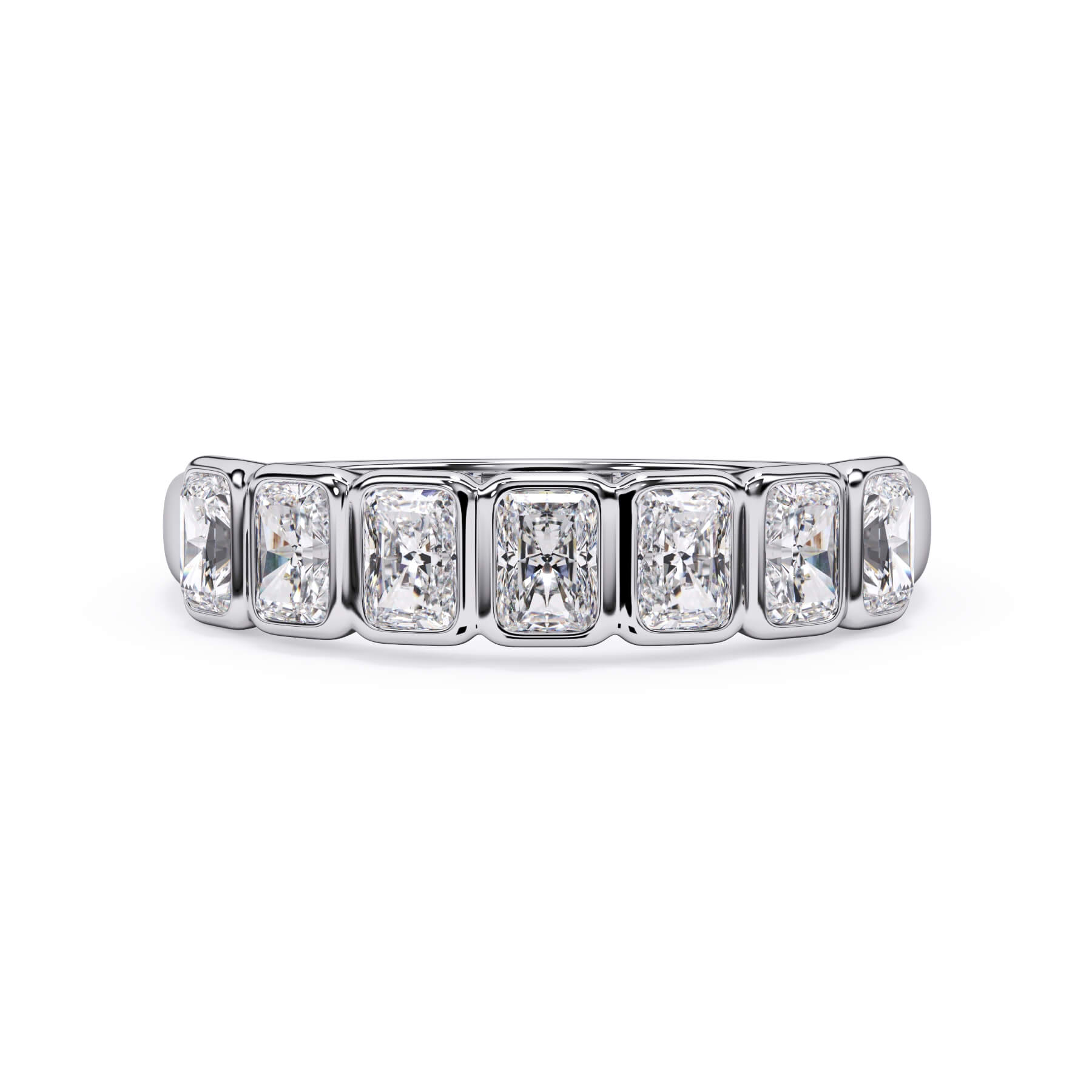 A picture of a seven stone diamond wedding ring with radiant cut diamonds that are bezel set in white gold or platinum on a white background with the ring facing forward, lying down.