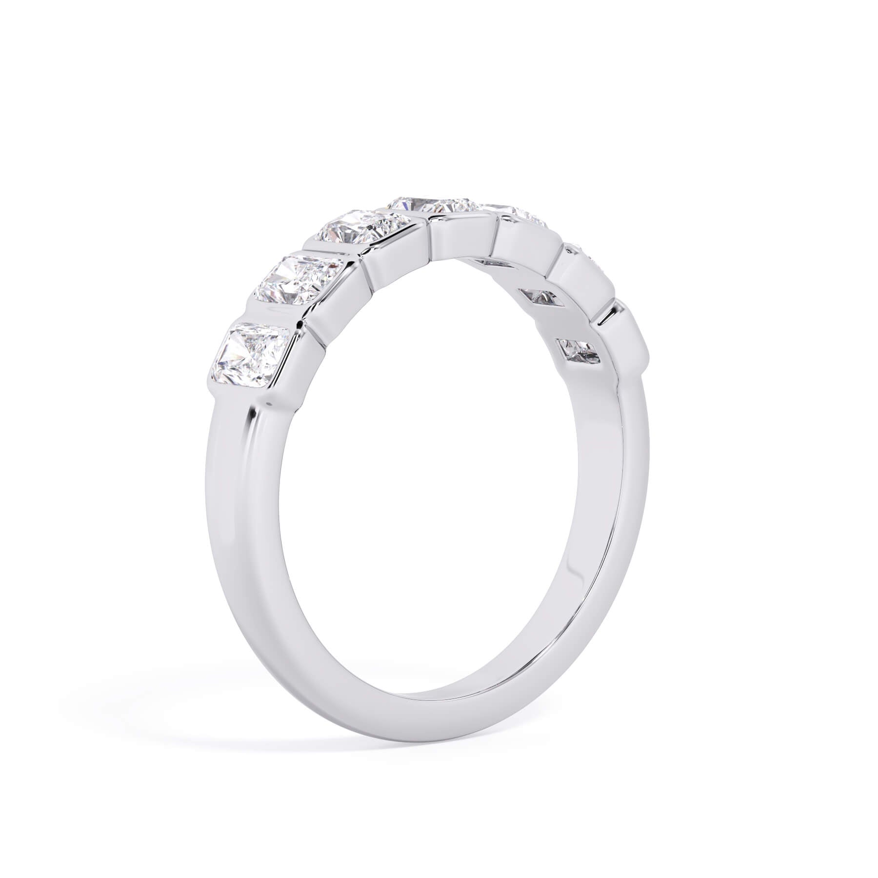 A picture of a seven stone diamond wedding ring with radiant cut diamonds that are bezel set in white gold or platinum on a white background with the ring facing forward, lying down.