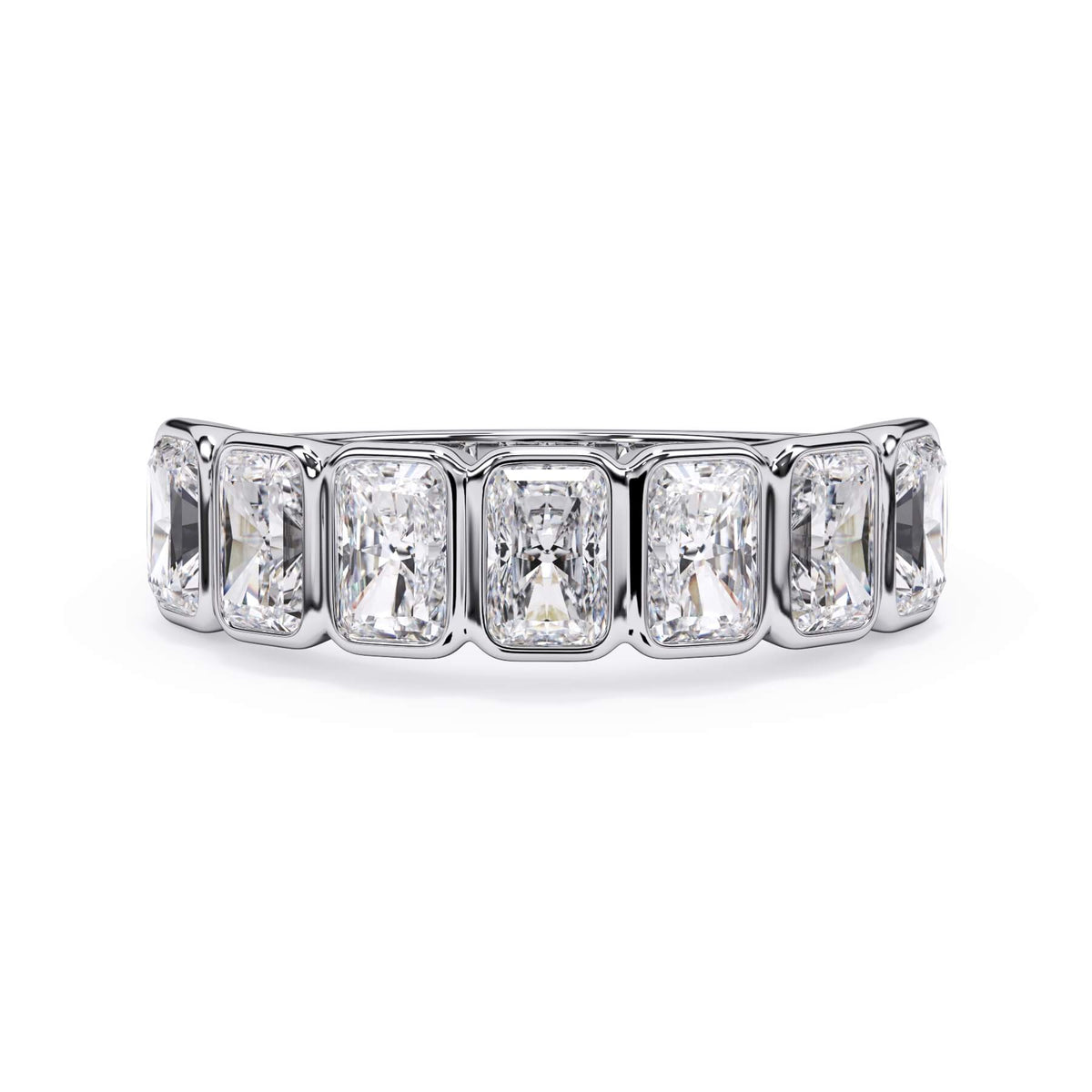 A picture of a seven stone diamond wedding ring with radiant cut diamonds that are bezel set in white gold or platinum on a white background with the ring facing forward, lying down.