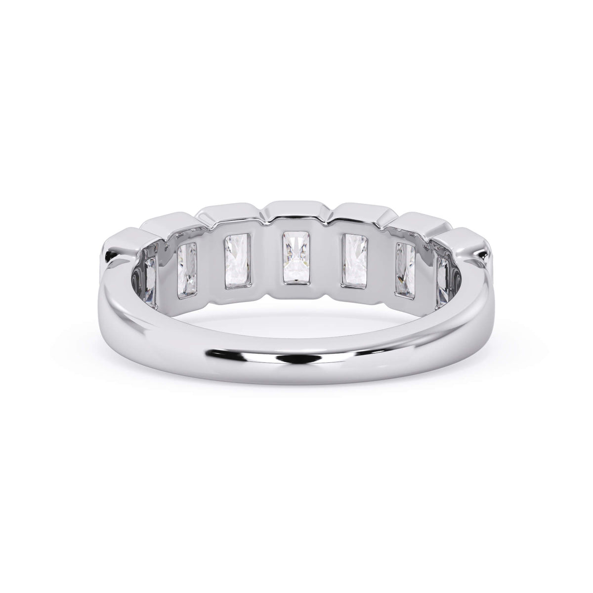 A picture of a seven stone diamond wedding ring with radiant cut diamonds that are bezel set in white gold or platinum on a white background with a view of the underside of the ring.