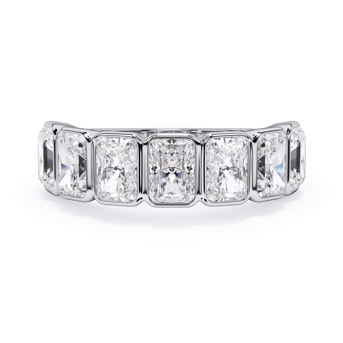 A picture of a seven stone diamond wedding ring with radiant cut diamonds that are bezel set in white gold or platinum on a white background with the ring facing forward, lying down.