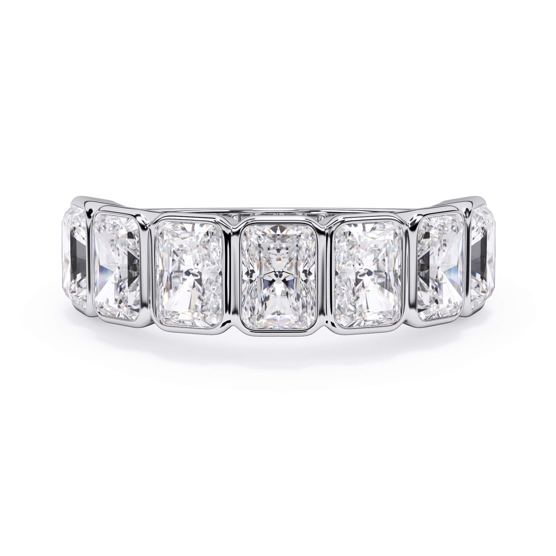 A picture of a seven stone diamond wedding ring with radiant cut diamonds that are bezel set in white gold or platinum on a white background with the ring facing forward, lying down.