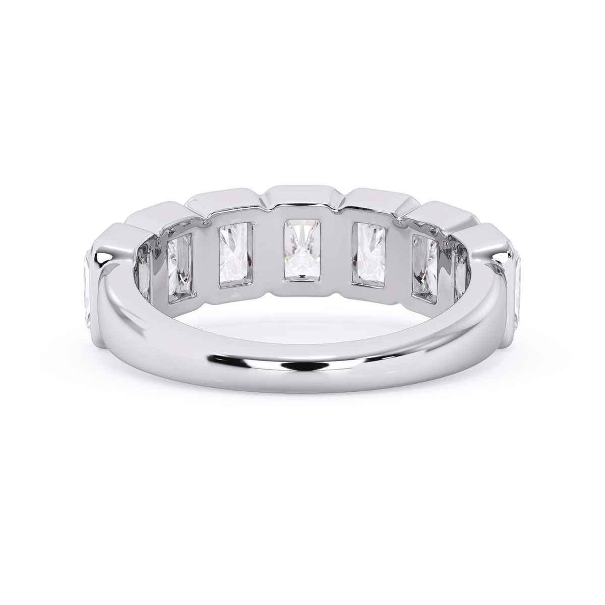 A picture of a seven stone diamond wedding ring with radiant cut diamonds that are bezel set in white gold or platinum on a white background with a view of the underside of the ring.
