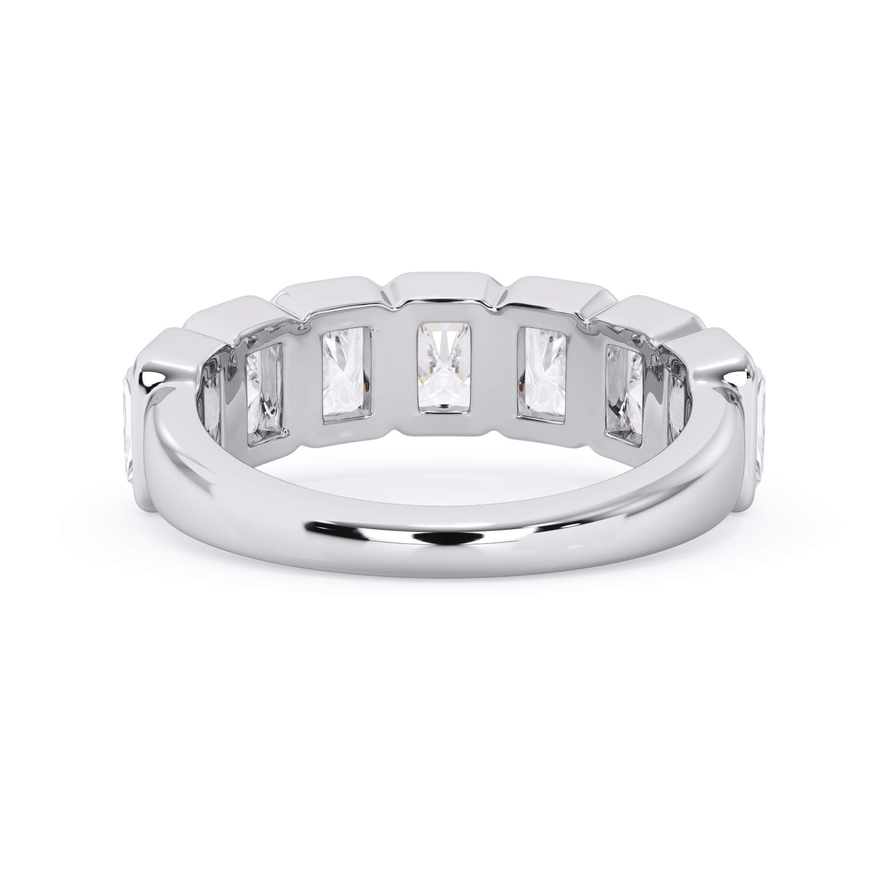 A picture of a seven stone diamond wedding ring with radiant cut diamonds that are bezel set in white gold or platinum on a white background with a view of the underside of the ring.