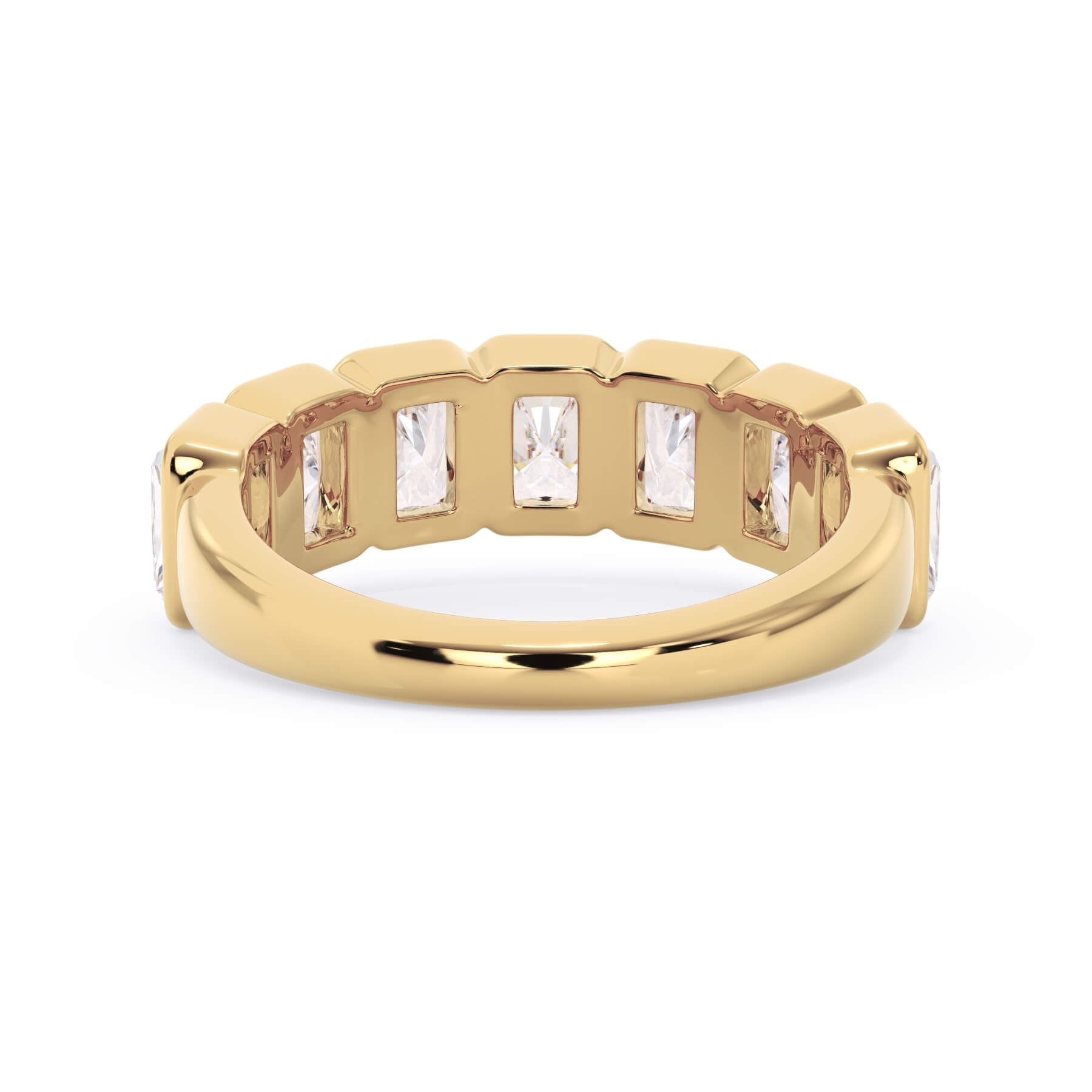A picture of a seven stone diamond wedding ring with radiant cut diamonds that are bezel set in yellow gold on a white background with a view of the underside of the ring.