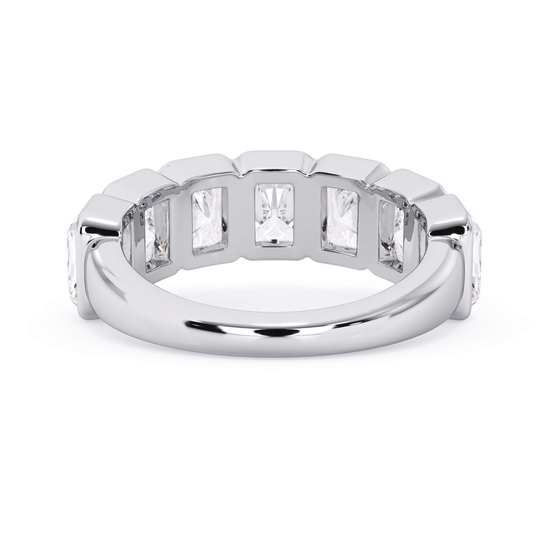 A picture of a seven stone diamond wedding ring with radiant cut diamonds that are bezel set in white gold or platinum on a white background with a view of the underside of the ring.