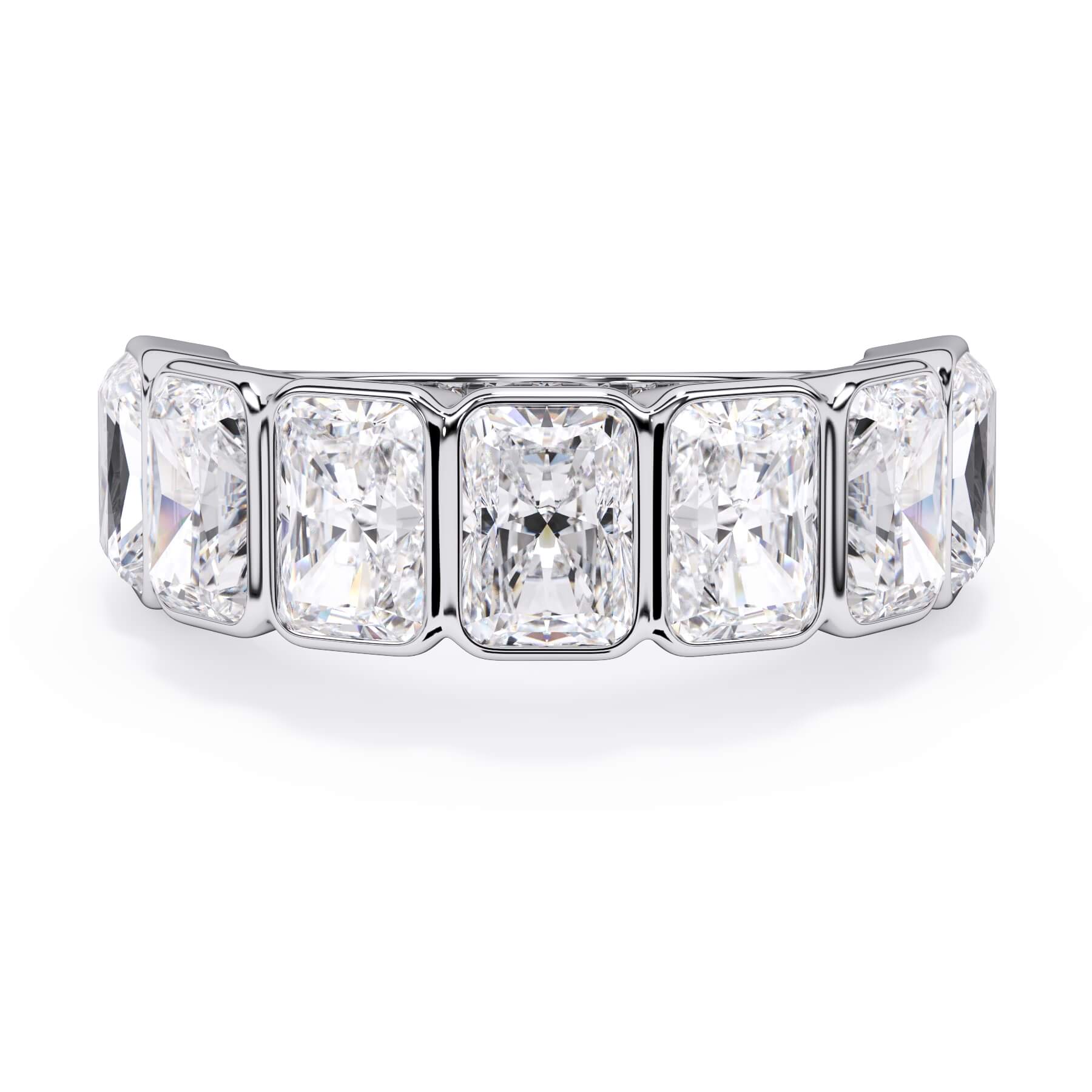 A picture of a seven stone diamond wedding ring with radiant cut diamonds that are bezel set in white gold or platinum on a white background with the ring facing forward, lying down.
