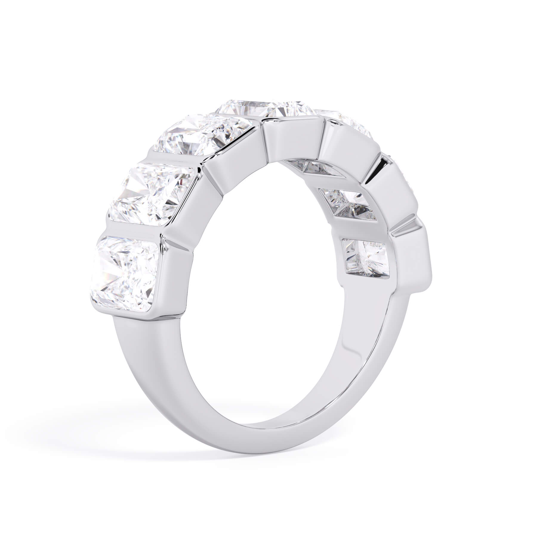 A picture of a seven stone diamond wedding ring with radiant cut diamonds that are bezel set in white gold or platinum on a white background with a slightly angled, through the finger view.