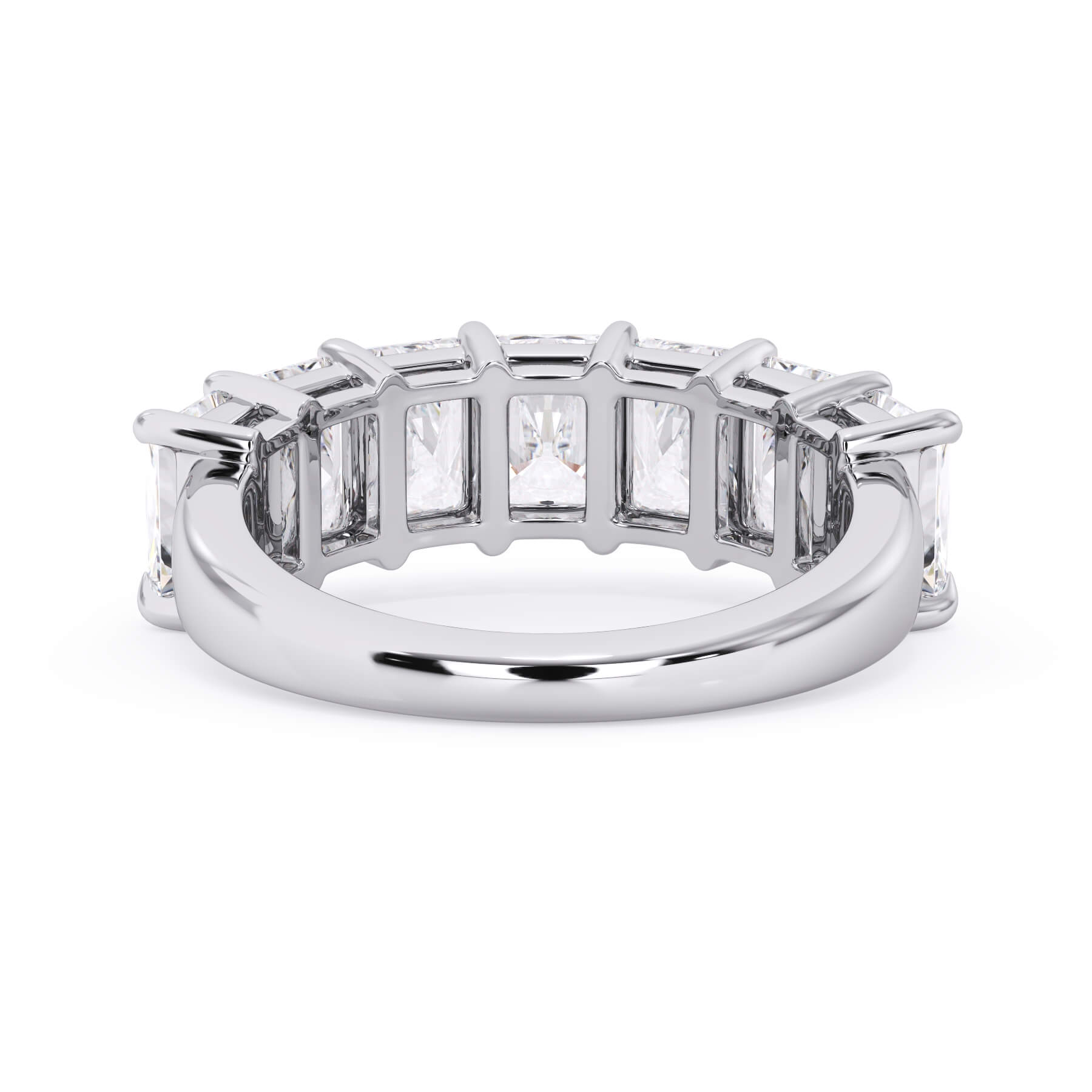 A picture of a seven stone diamond wedding ring with radiant cut diamonds that are shared prong set in white gold or platinum on a white background with a view of the underside of the ring.