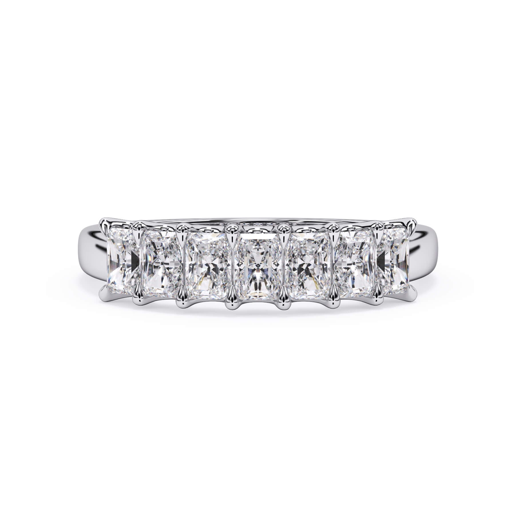 A picture of a seven stone diamond wedding ring with radiant cut diamonds that are U prong set in white gold or platinum on a white background with the ring facing forward, lying down.