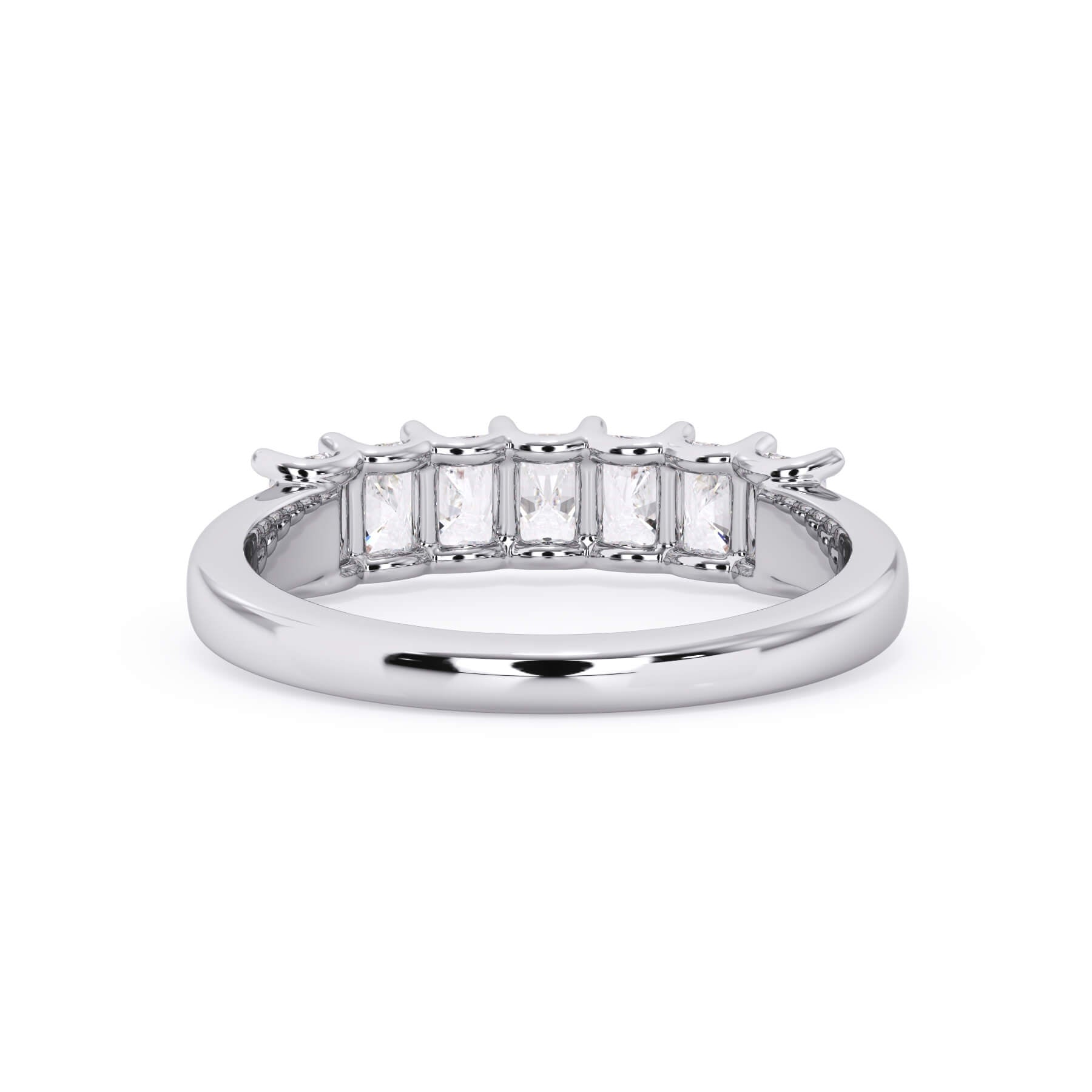 A picture of a seven stone diamond wedding ring with radiant cut diamonds that are U prong set in white gold or platinum on a white background with a view of the underside of the ring.