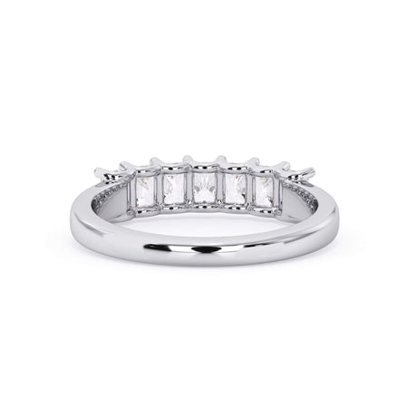 A picture of a seven stone diamond wedding ring with radiant cut diamonds that are U prong set in white gold or platinum on a white background with a view of the underside of the ring.