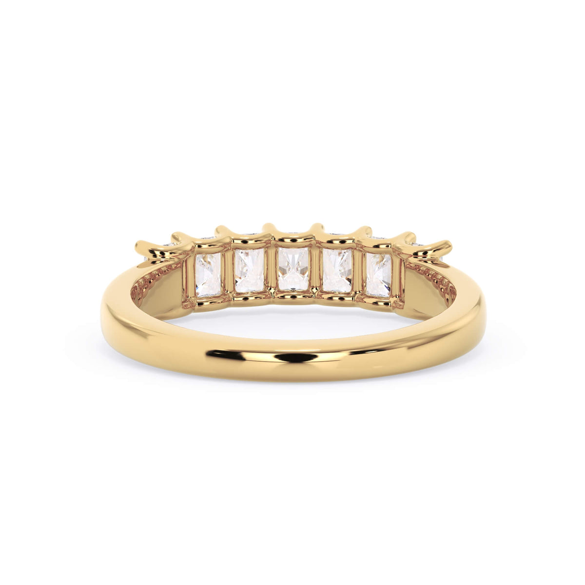 A picture of a seven stone diamond wedding ring with radiant cut diamonds that are U prong set in yellow gold on a white background with a view of the underside of the ring.
