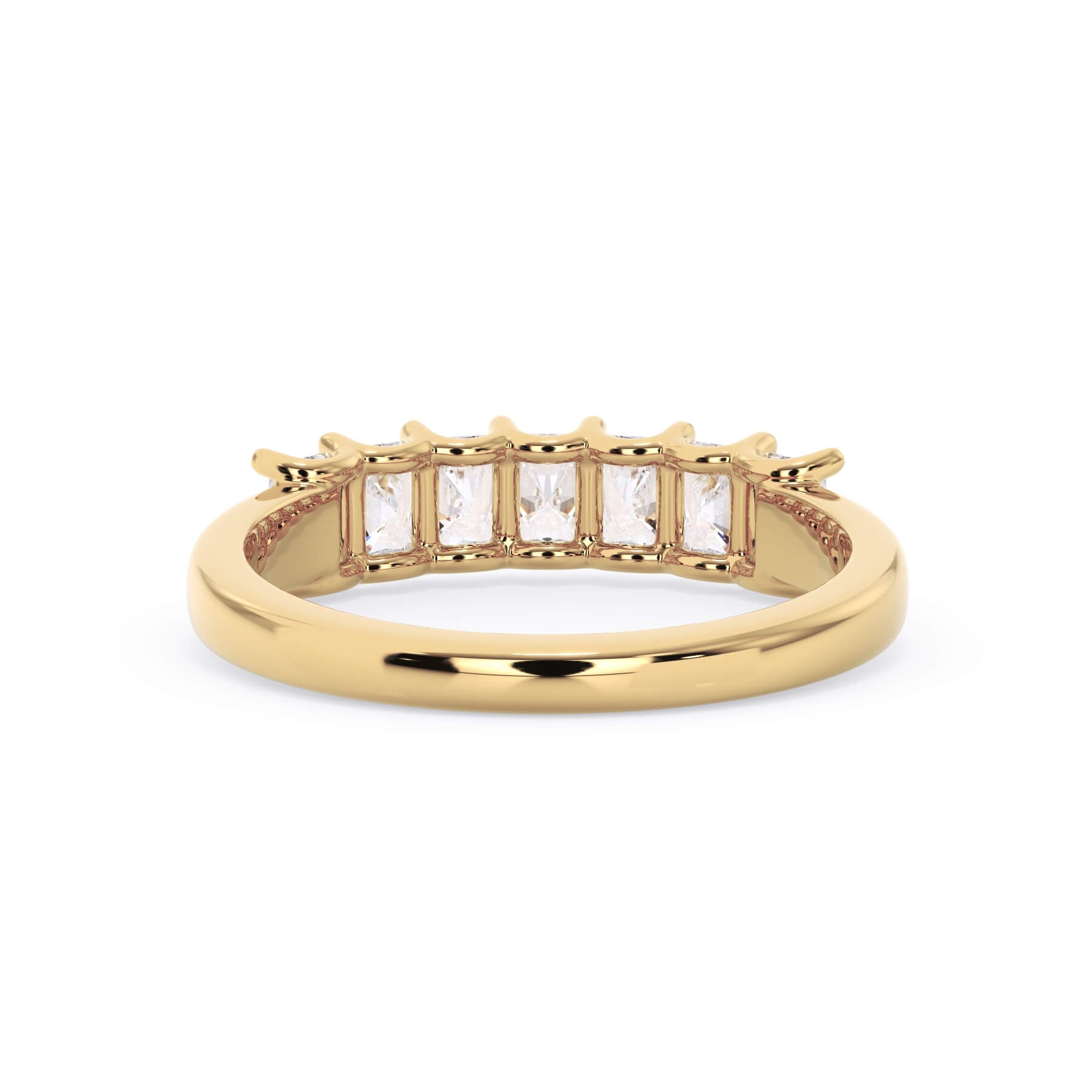 A picture of a seven stone diamond wedding ring with radiant cut diamonds that are U prong set in yellow gold on a white background with a view of the underside of the ring.