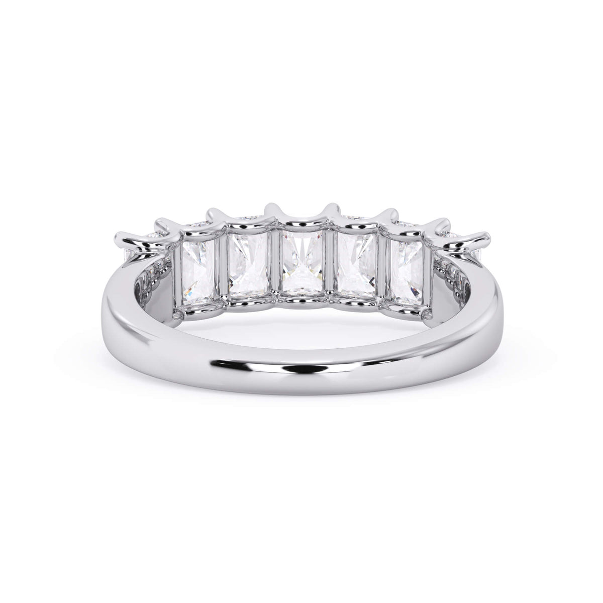 A picture of a seven stone diamond wedding ring with radiant cut diamonds that are U prong set in white gold or platinum on a white background with a view of the underside of the ring.