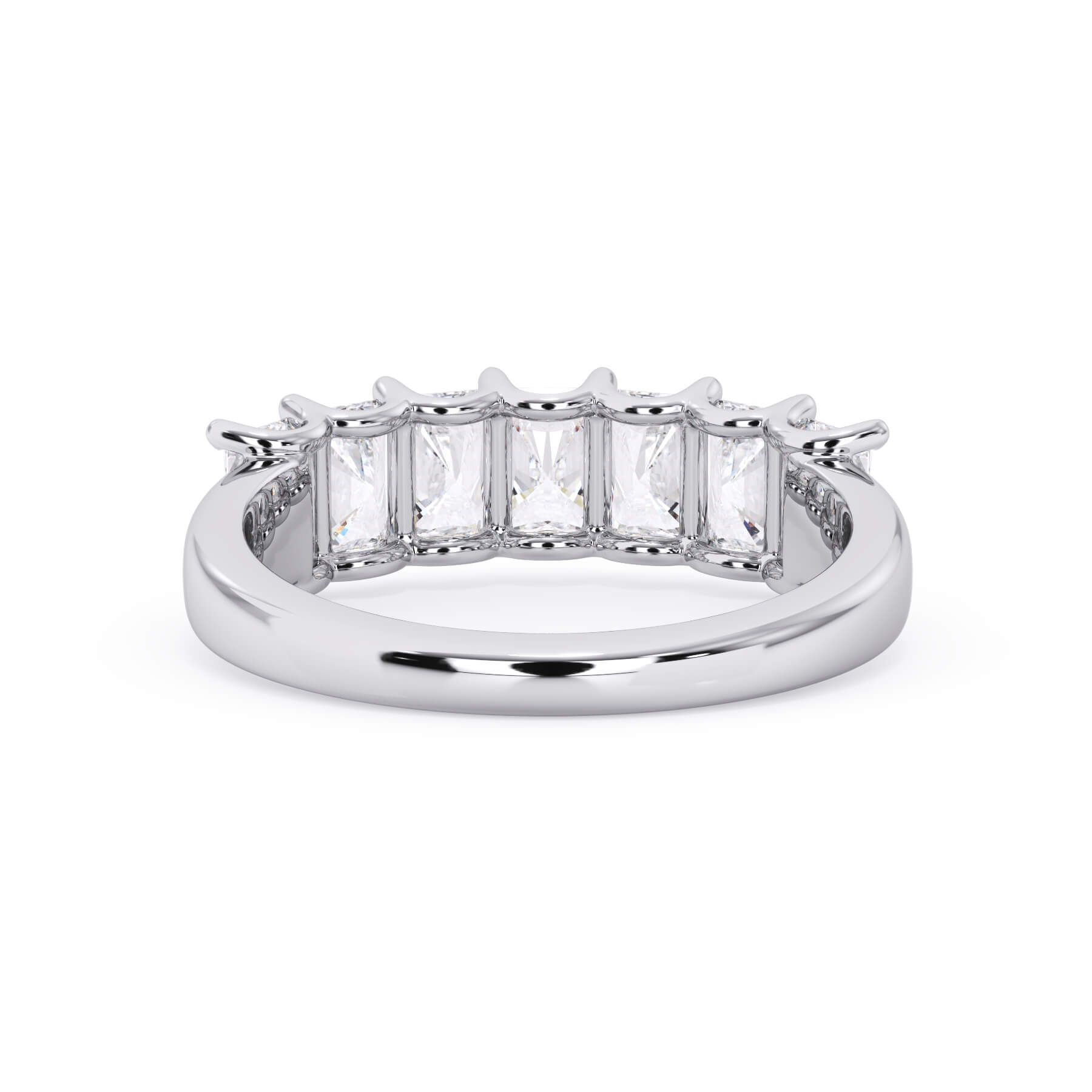 A picture of a seven stone diamond wedding ring with radiant cut diamonds that are U prong set in white gold or platinum on a white background with a view of the underside of the ring.