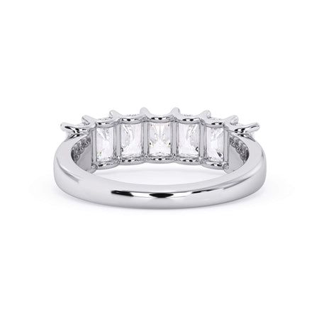 A picture of a seven stone diamond wedding ring with radiant cut diamonds that are U prong set in white gold or platinum on a white background with a view of the underside of the ring.