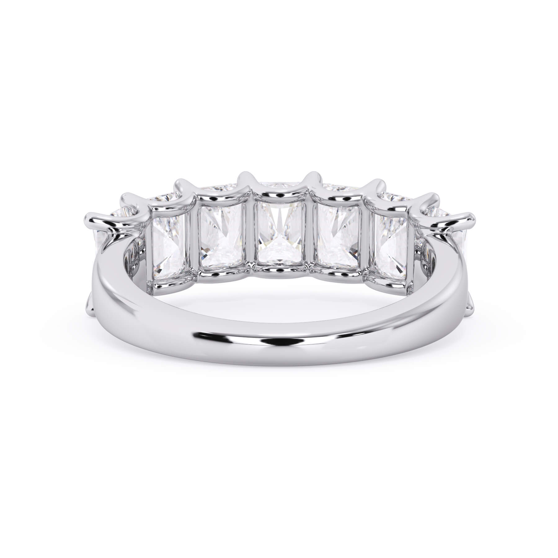A picture of a seven stone diamond wedding ring with radiant cut diamonds that are U prong set in white gold or platinum on a white background with a view of the underside of the ring.