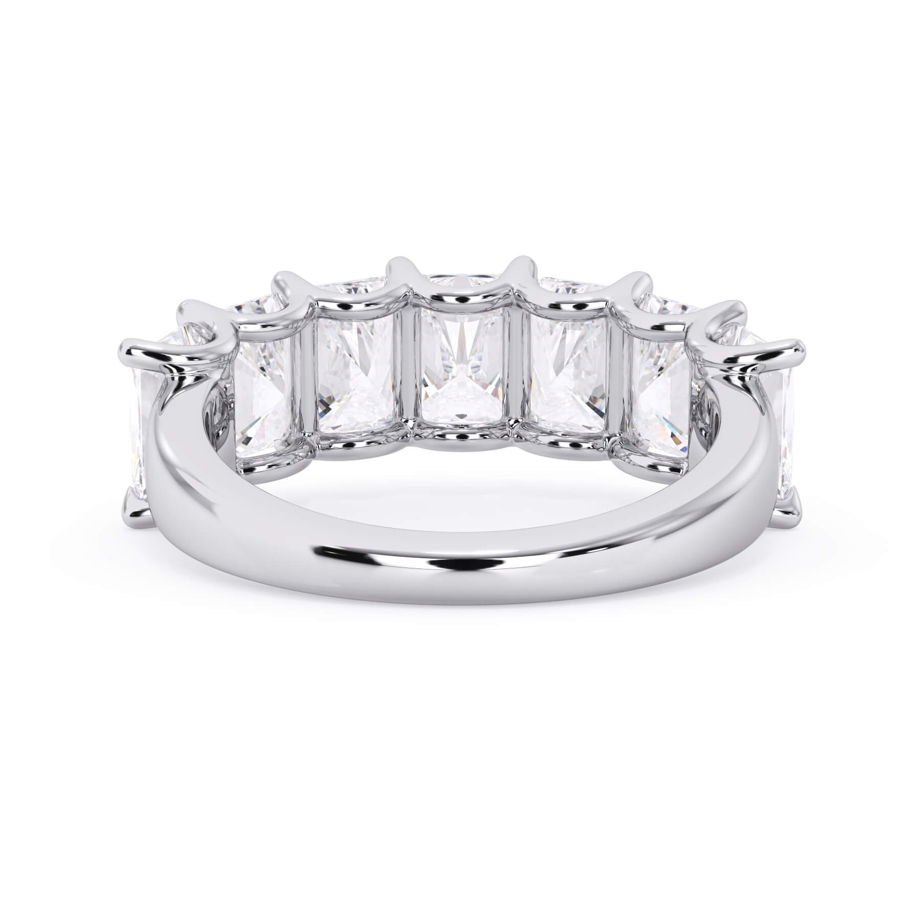 A picture of a seven stone diamond wedding ring with radiant cut diamonds that are U prong set in white gold or platinum on a white background with the ring facing forward, lying down.