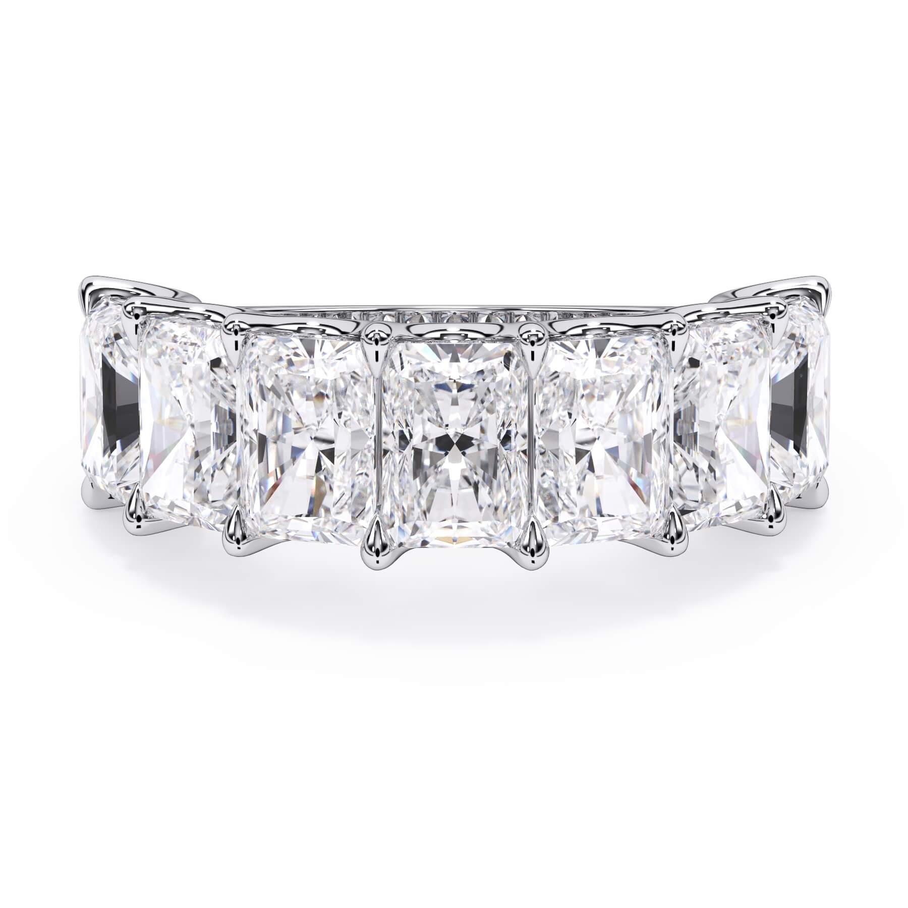 A picture of a seven stone diamond wedding ring with radiant cut diamonds that are U prong set in white gold or platinum on a white background with the ring facing forward, lying down.