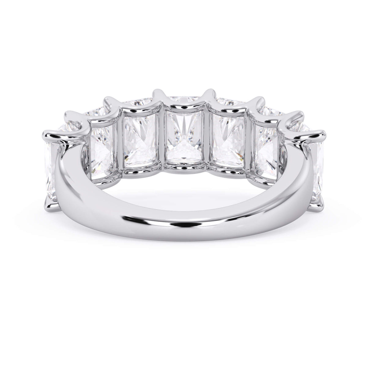 A picture of a seven stone diamond wedding ring with radiant cut diamonds that are U prong set in white gold or platinum on a white background with a view of the underside of the ring.