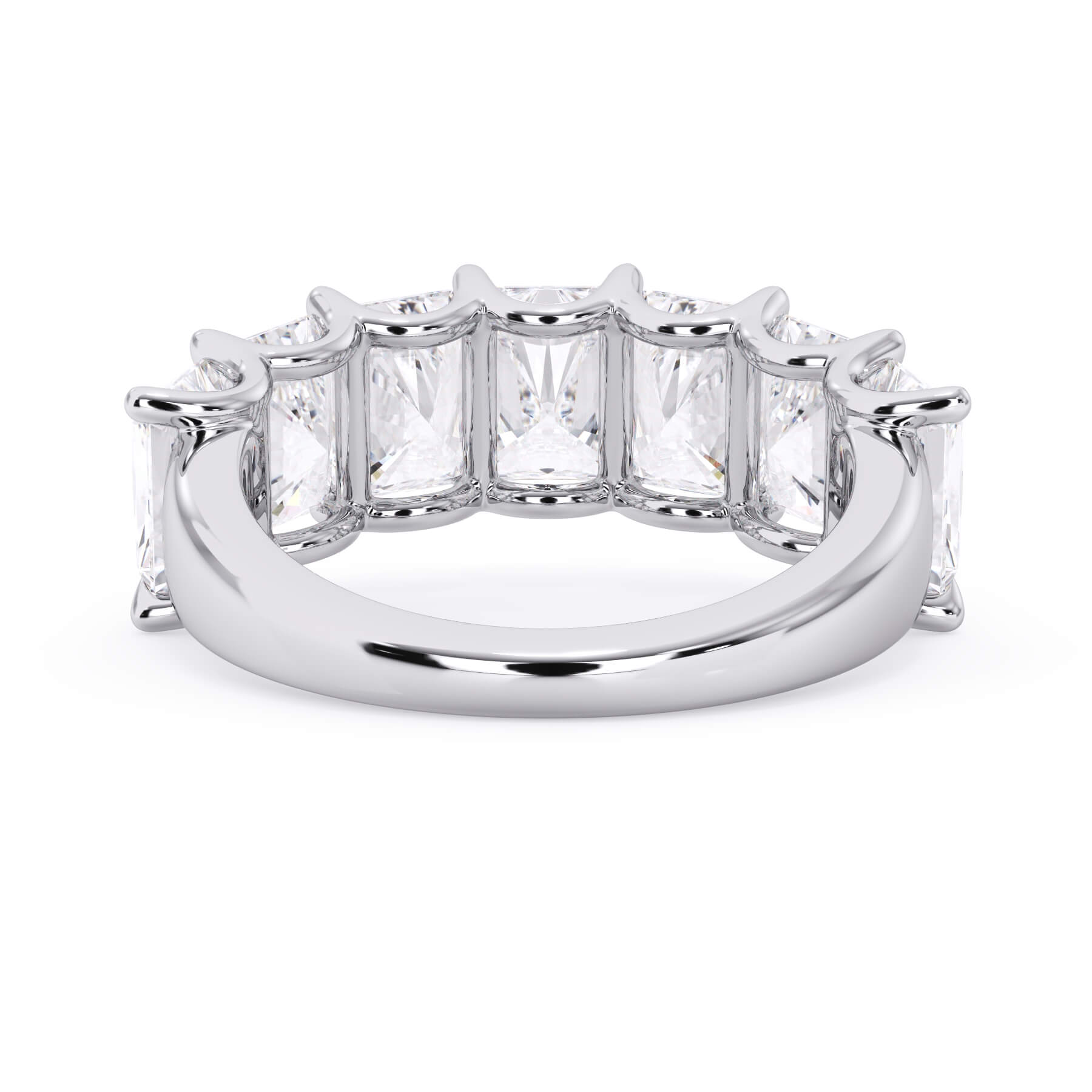 A picture of a seven stone diamond wedding ring with radiant cut diamonds that are U prong set in white gold or platinum on a white background with a view of the underside of the ring.