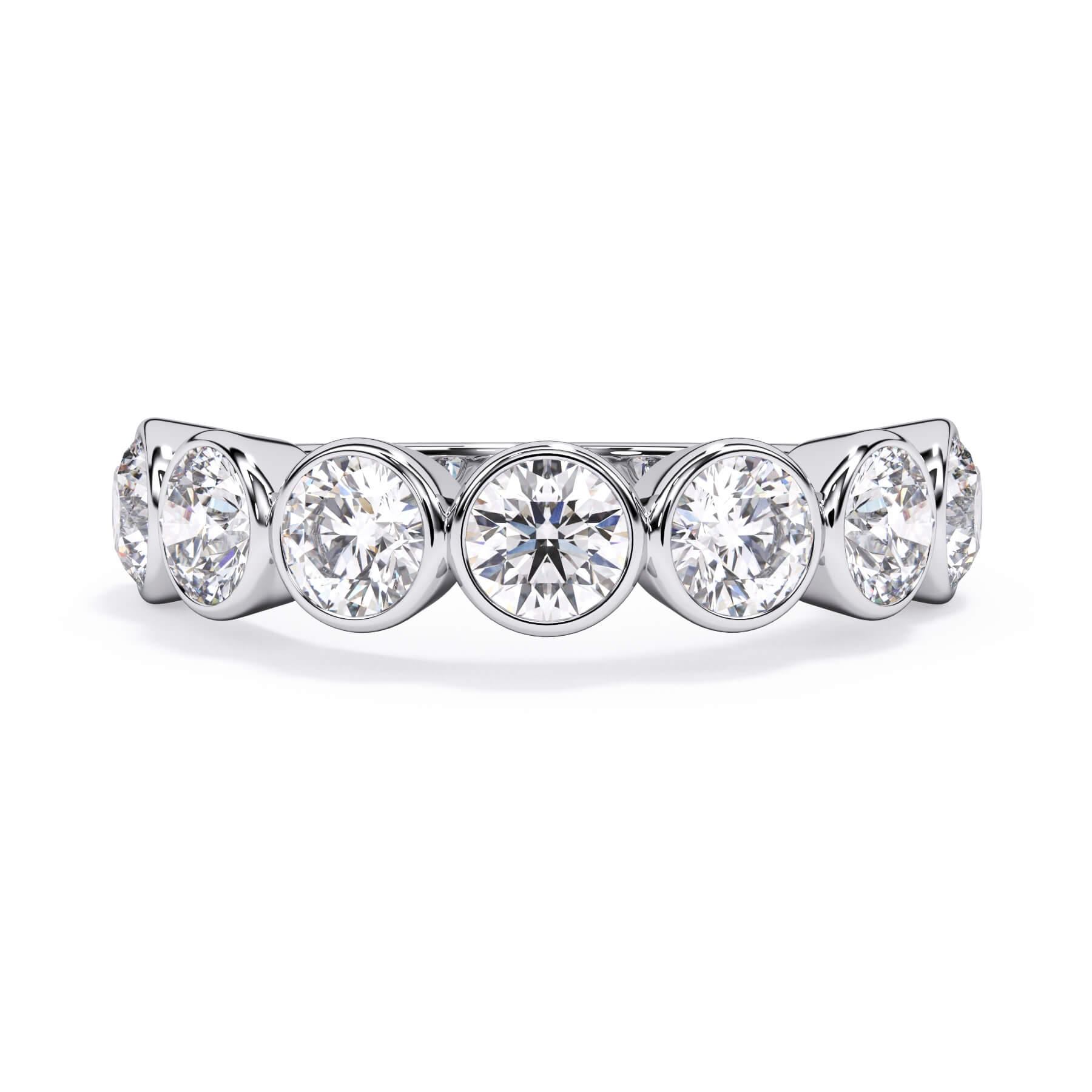 A picture of a seven stone diamond wedding ring with round diamonds that are bezel set in white gold or platinum on a white background with the ring facing forward, lying down.
