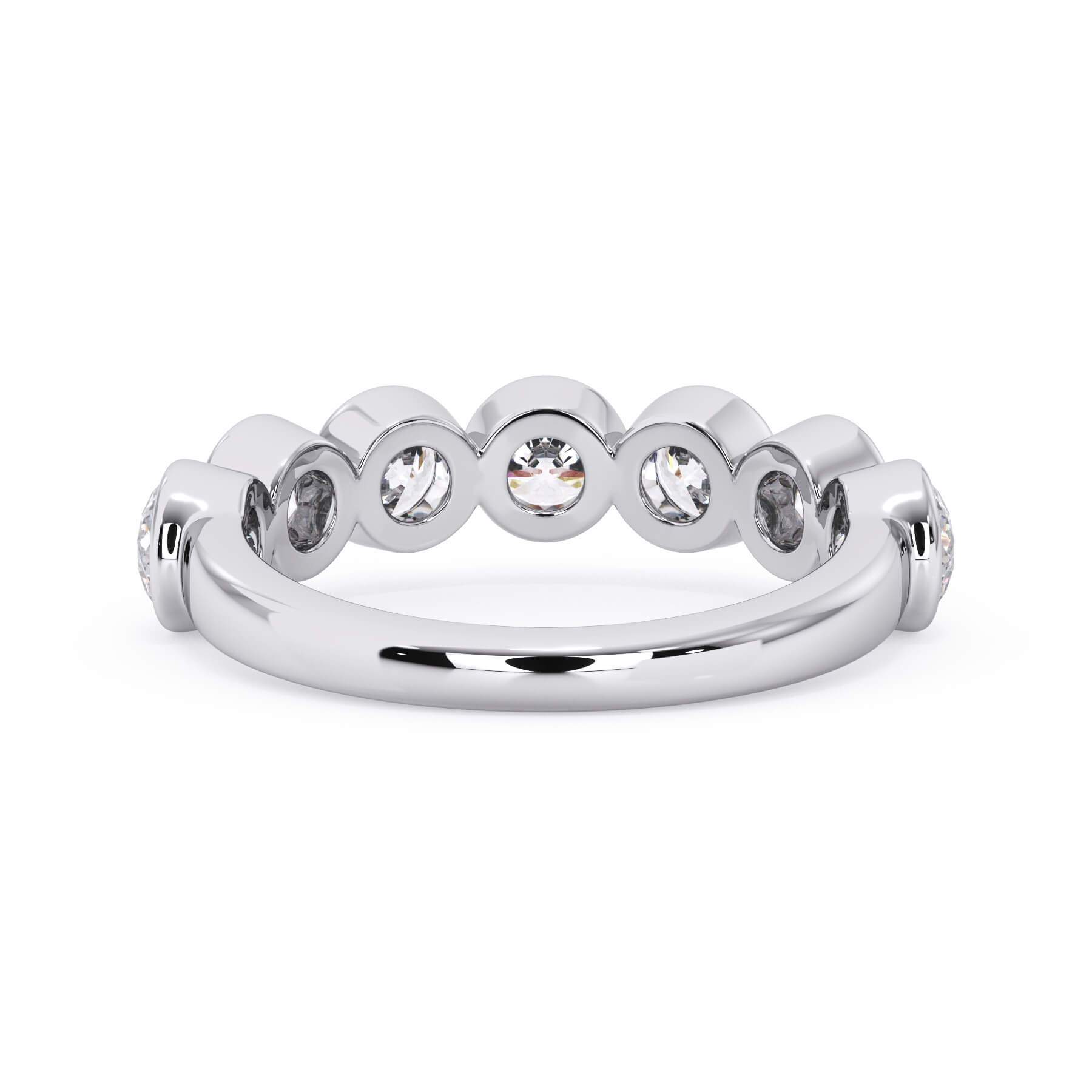 A picture of a seven stone diamond wedding ring with round diamonds that are bezel set in white gold or platinum on a white background with a view of the underside of the ring.