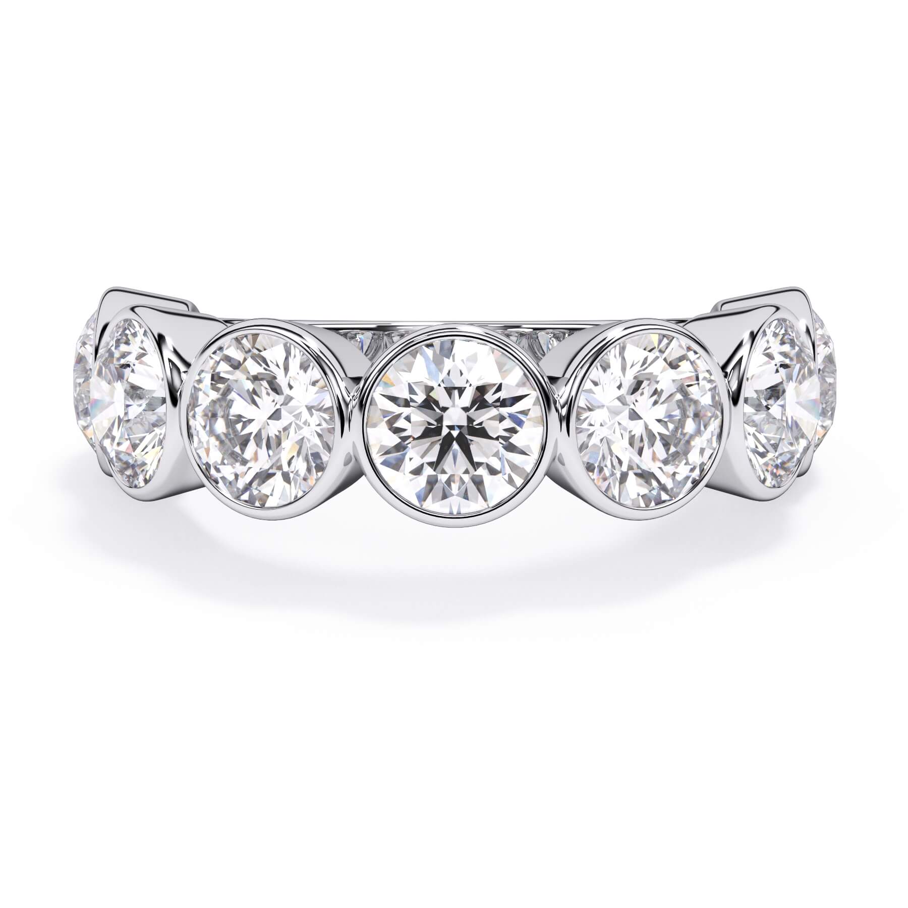 A picture of a seven stone diamond wedding ring with round diamonds that are bezel set in white gold or platinum on a white background with the ring facing forward, lying down.