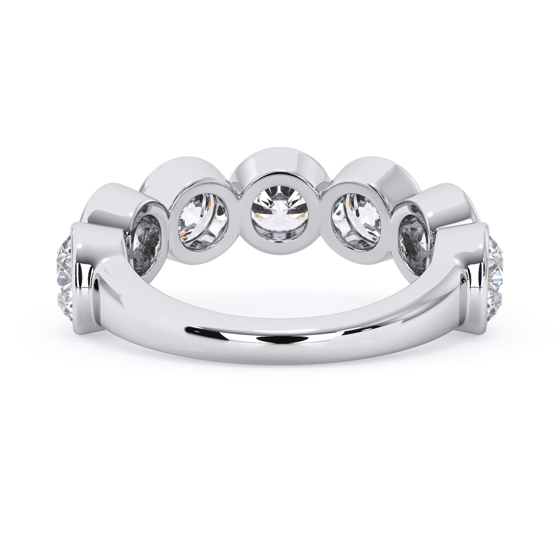 A picture of a seven stone diamond wedding ring with round diamonds that are bezel set in white gold or platinum on a white background with a view of the underside of the ring.