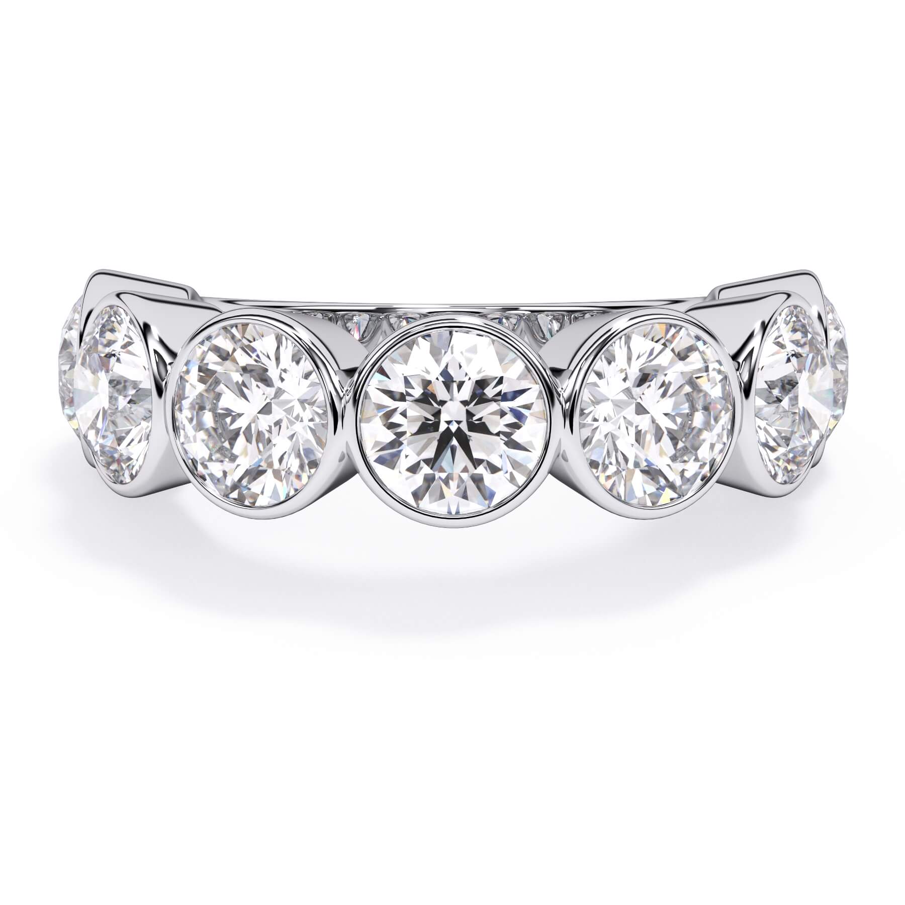 A picture of a seven stone diamond wedding ring with round diamonds that are bezel set in white gold or platinum on a white background with the ring facing forward, lying down.