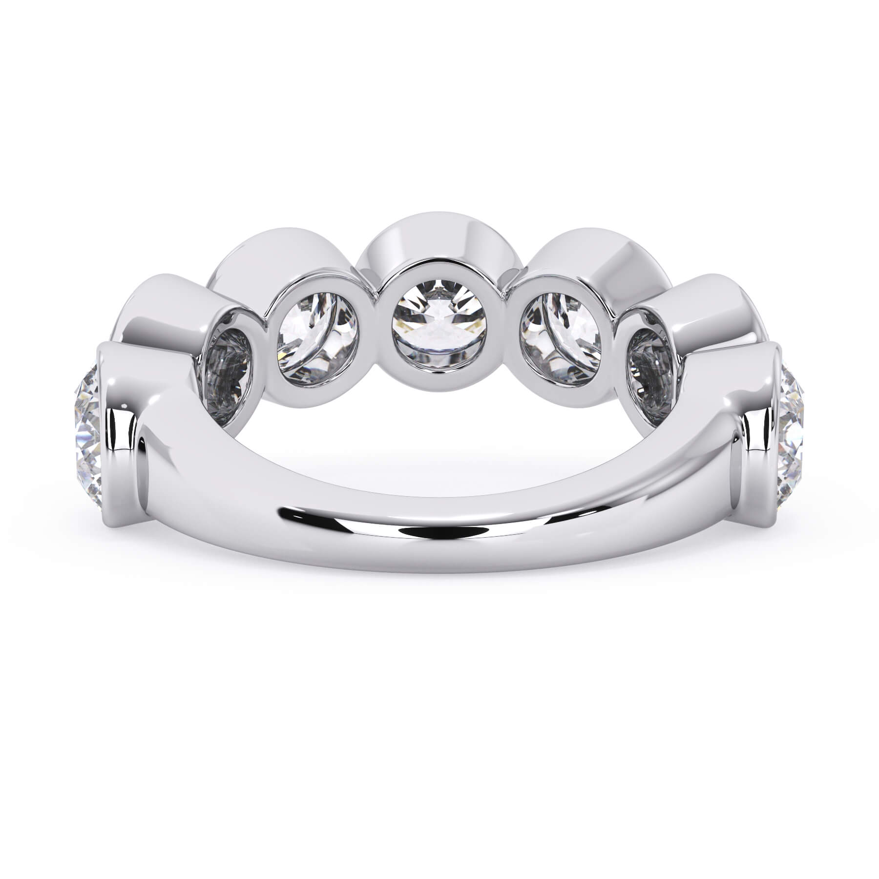 A picture of a seven stone diamond wedding ring with round diamonds that are bezel set in white gold or platinum on a white background with a view of the underside of the ring.
