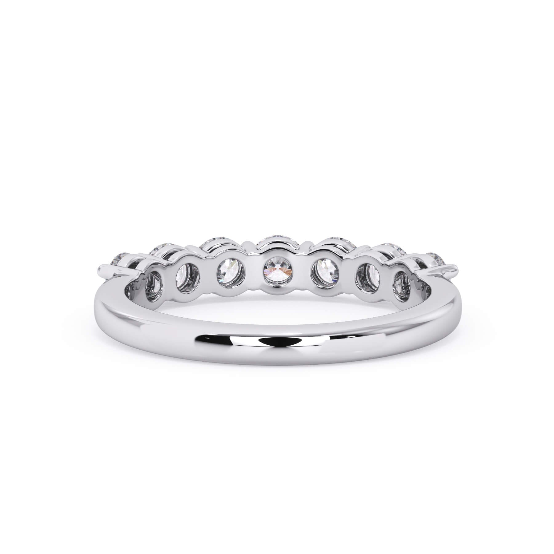 A picture of a seven stone diamond wedding ring with round diamonds that are shared prong set in white gold or platinum on a white background with a view of the underside of the ring.