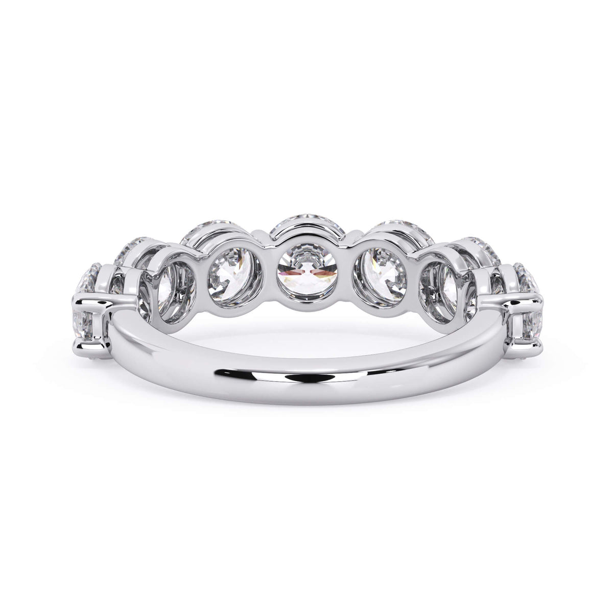 A picture of a seven stone diamond wedding ring with round diamonds that are shared prong set in white gold or platinum on a white background with a view of the underside of the ring.